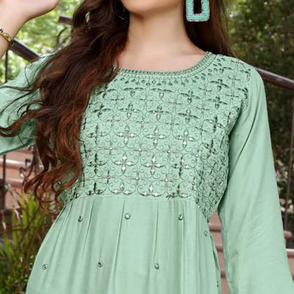 Sea Green Embroidered Poly Cotton Kurti - Peachmode