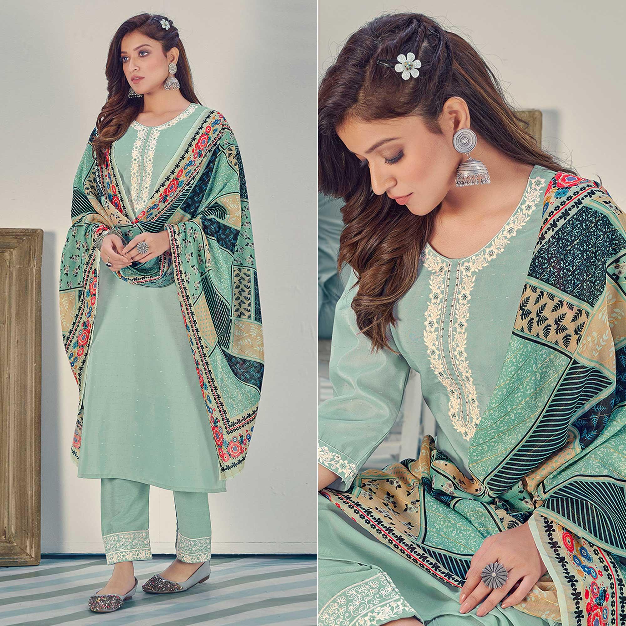Sea Green Embroidered With Embellished Chiffon Kurti Pant Set With Dupatta - Peachmode