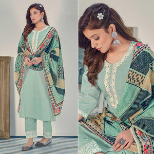Sea Green Embroidered With Embellished Chiffon Kurti Pant Set With Dupatta - Peachmode