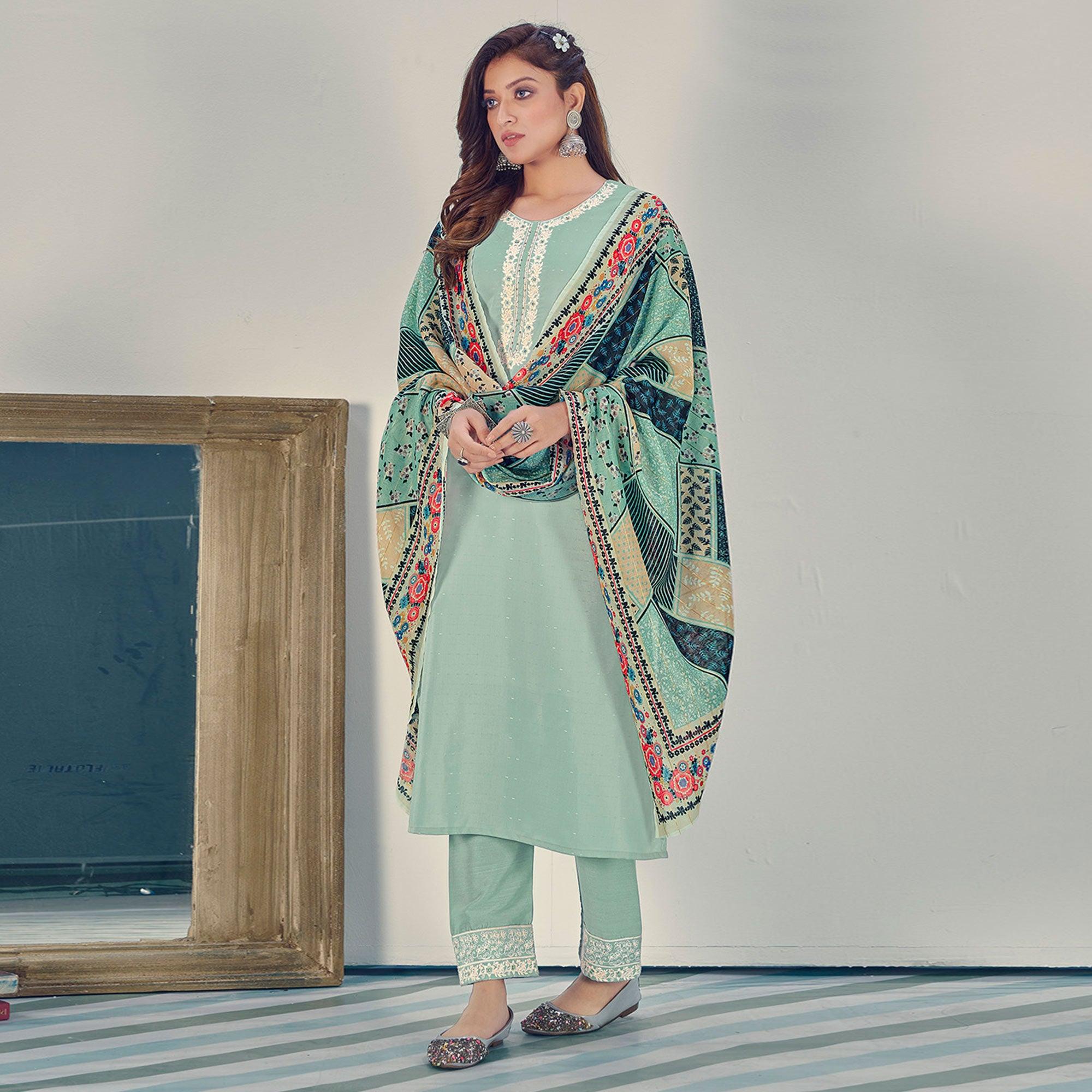 Sea Green Embroidered With Embellished Chiffon Kurti Pant Set With Dupatta - Peachmode
