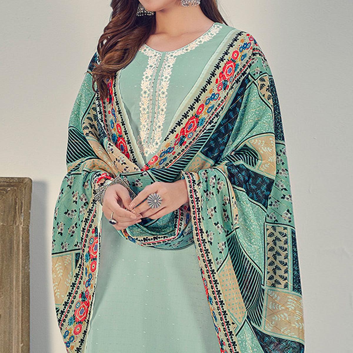 Sea Green Embroidered With Embellished Chiffon Kurti Pant Set With Dupatta - Peachmode