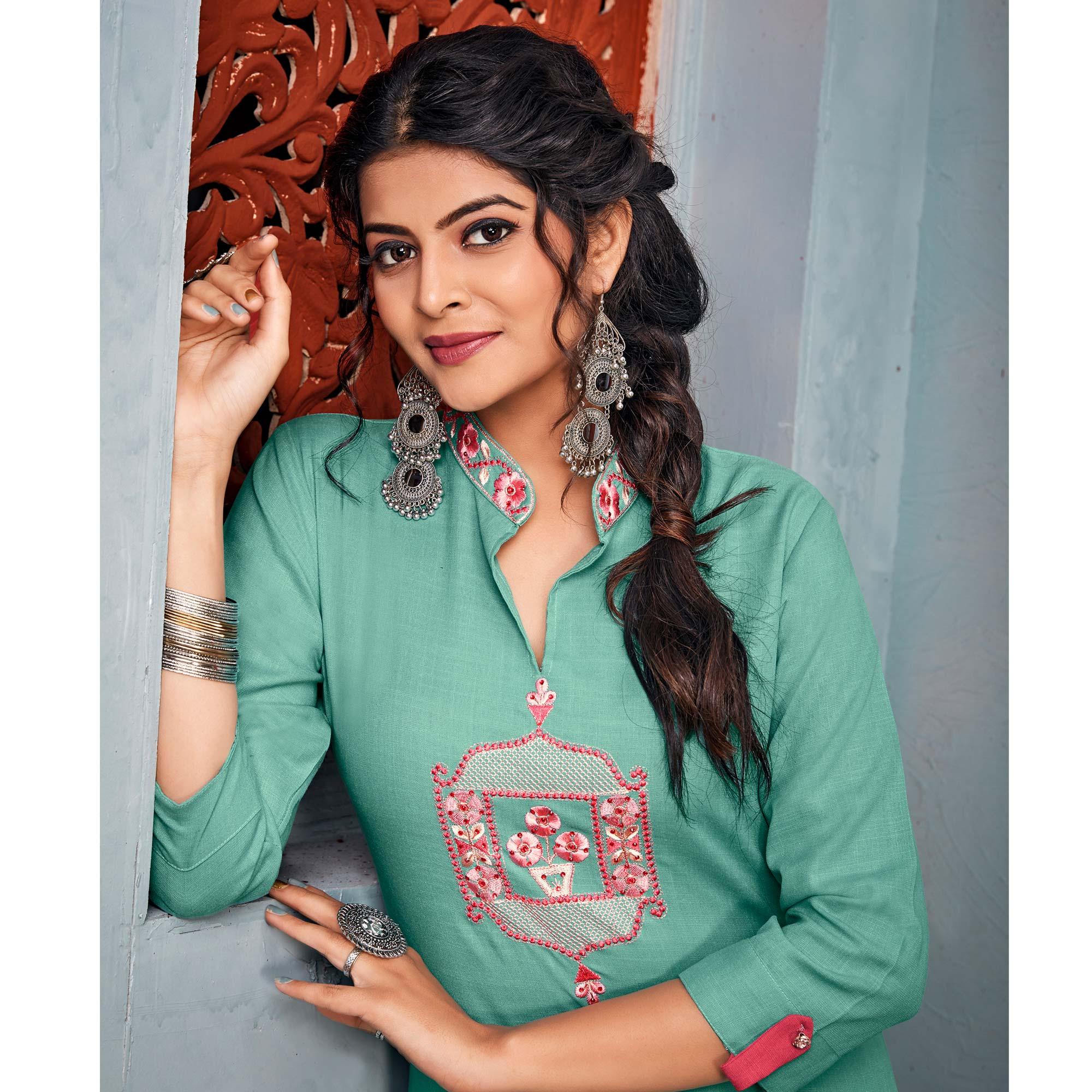 Sea Green Embroidered With Embellished Rayon Kurti Pant Set - Peachmode