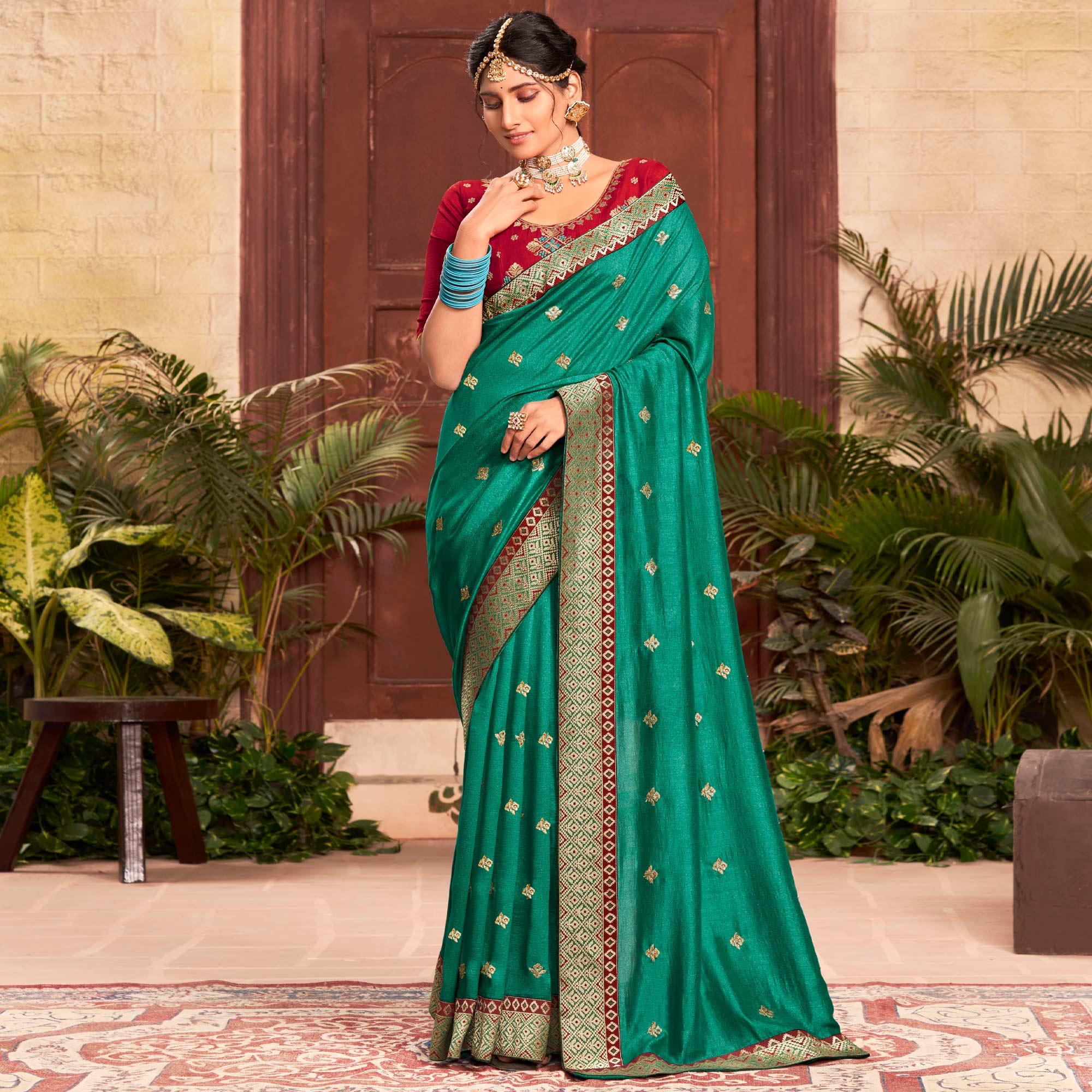 Sea Green Embroidered With Embellished Vichitra Silk Saree - Peachmode