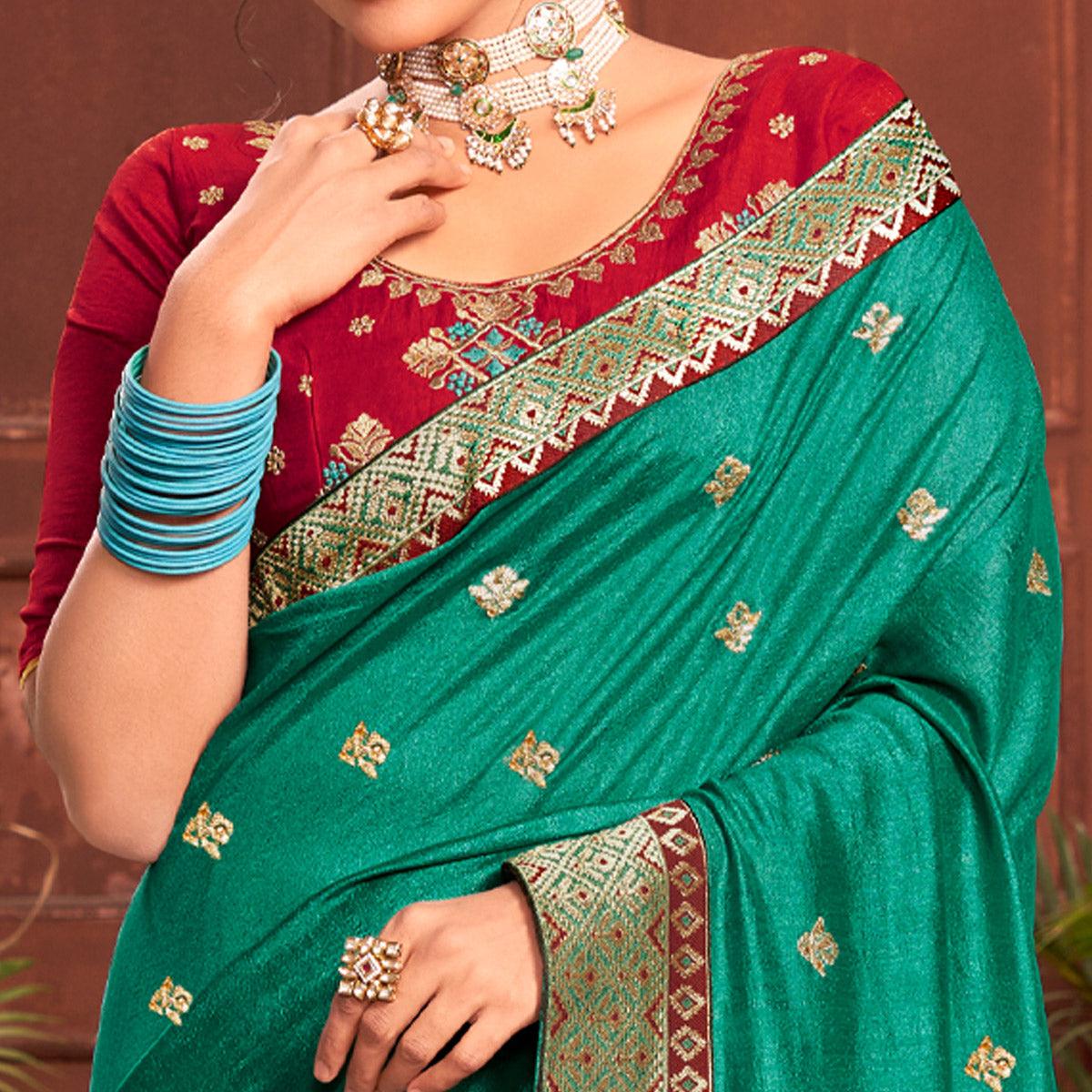 Sea Green Embroidered With Embellished Vichitra Silk Saree - Peachmode