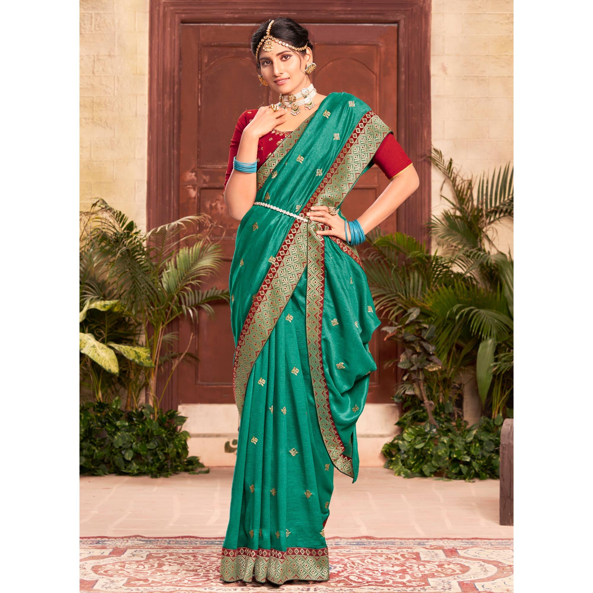 Sea Green Embroidered With Embellished Vichitra Silk Saree - Peachmode