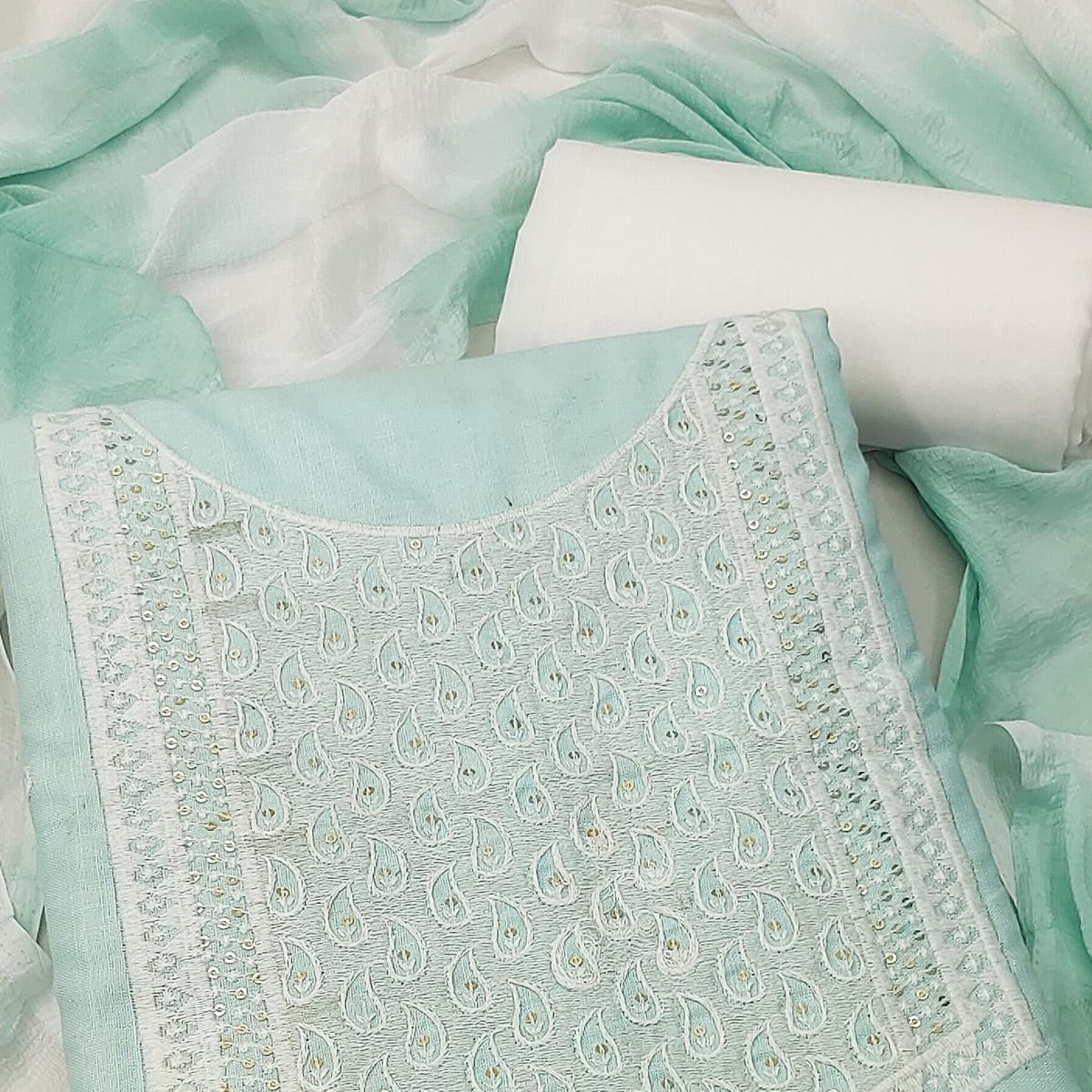 Sea Green Embroidered With Embroidered Cotton Blend Dress Material - Peachmode
