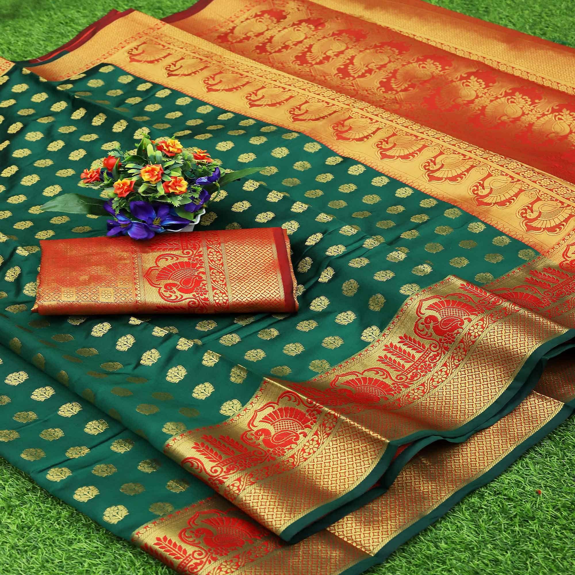 Sea Green Festive Embroidered Kota Banarasi Art Silk Saree - Peachmode