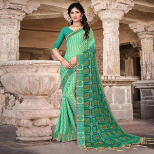 Sea Green Festive Wear Bandhani Printed Chiffon Saree With Diamond Border - Peachmode