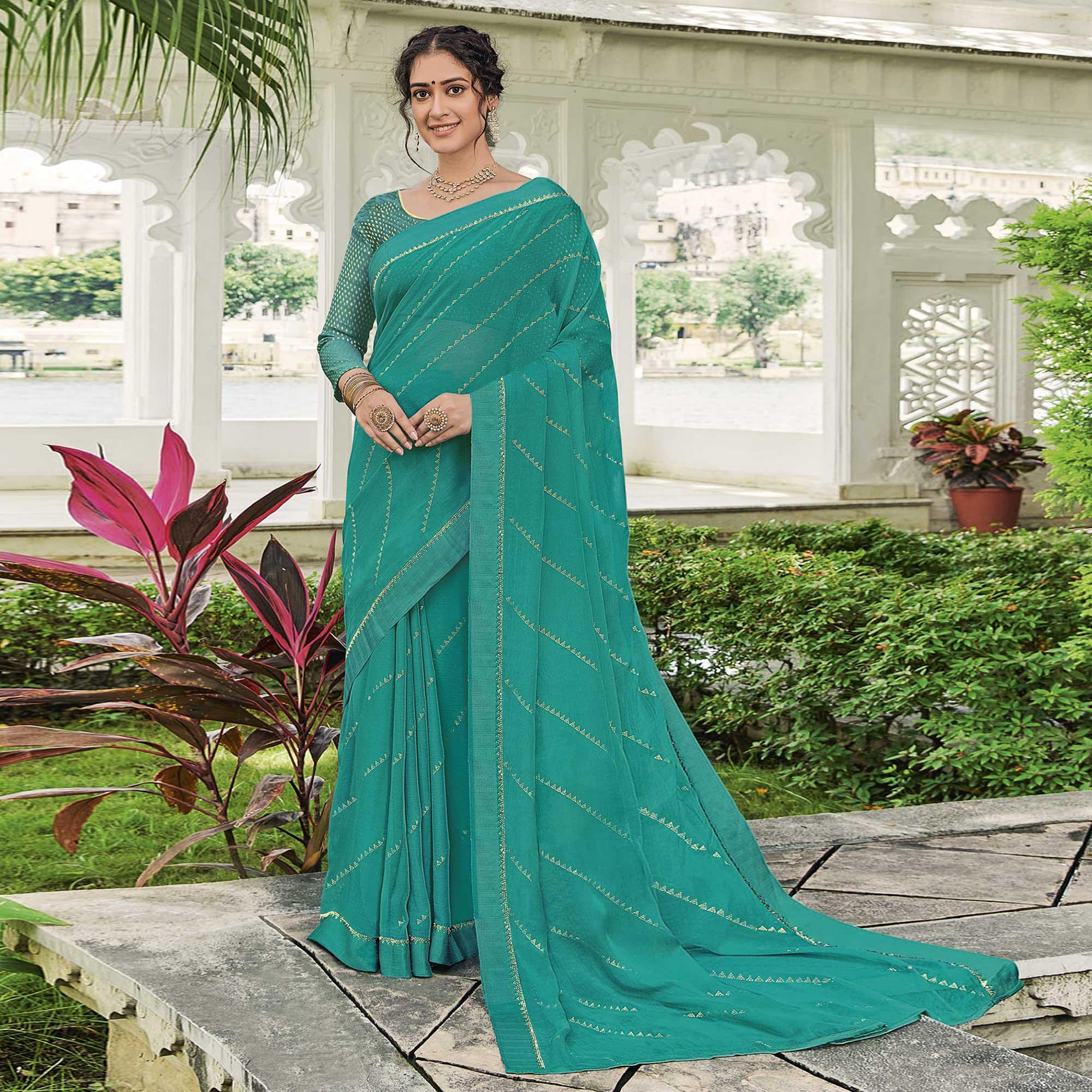 Sea Green Festive Wear Embellished Chiffon Saree - Peachmode