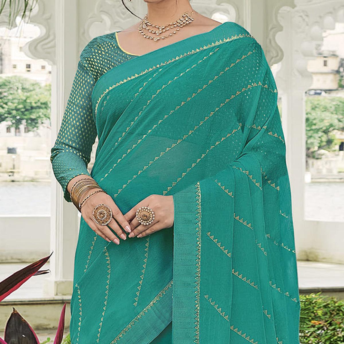 Sea Green Festive Wear Embellished Chiffon Saree - Peachmode