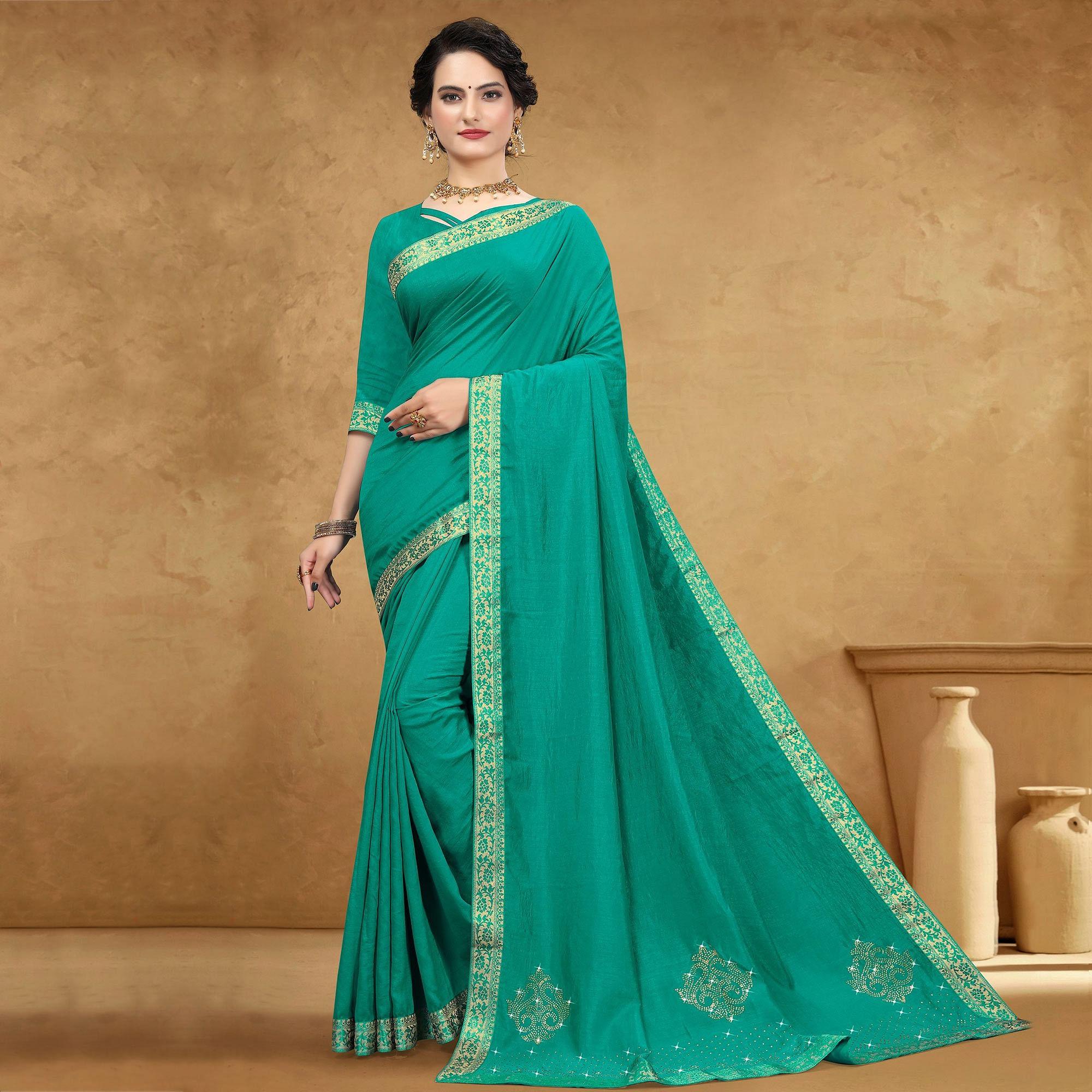 Sea Green Festive Wear Embellished Vichitra Silk Saree - Peachmode