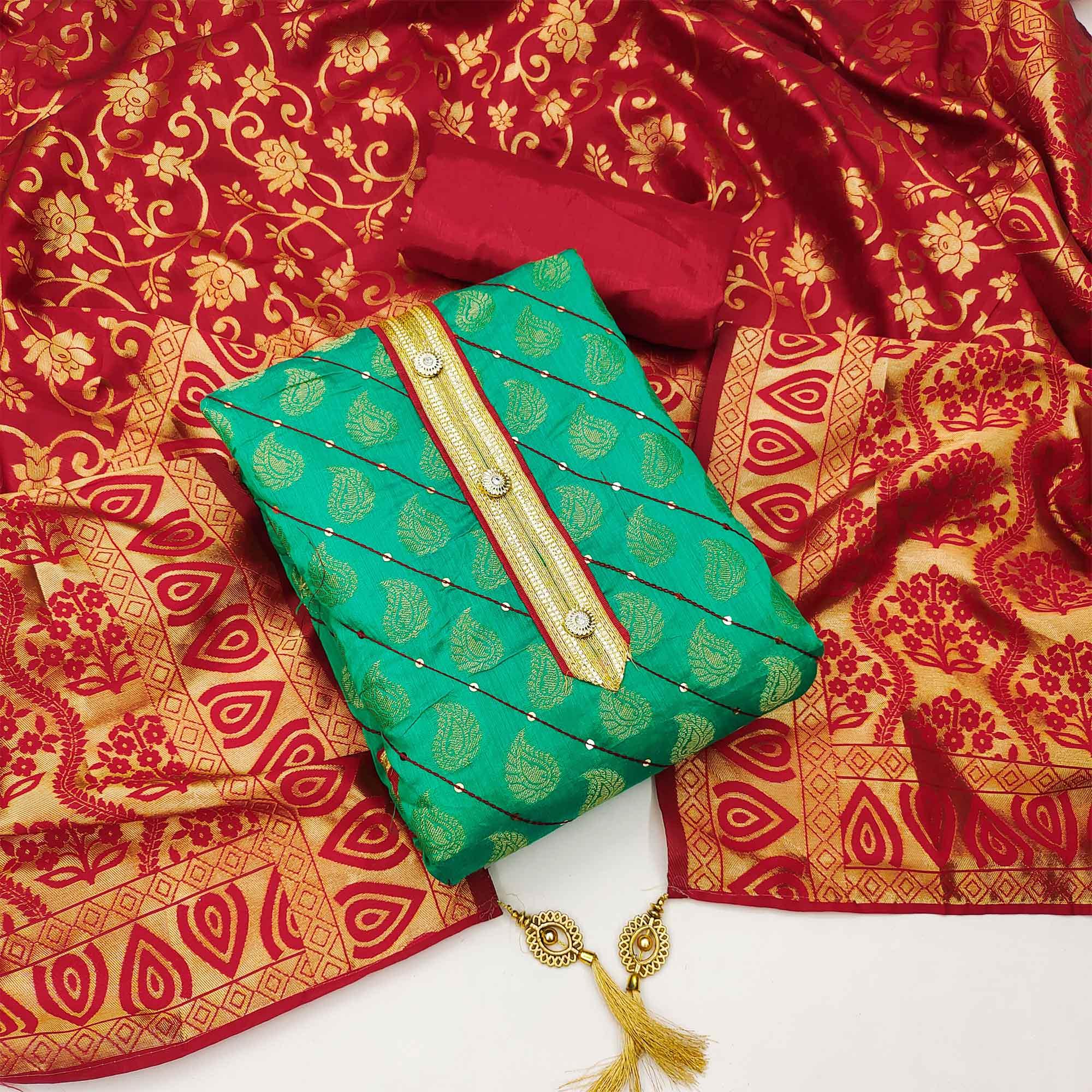 Sea Green Festive Wear Embroidered Chanderi Dress Material - Peachmode