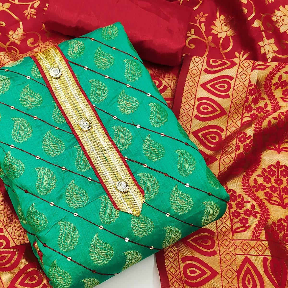 Sea Green Festive Wear Embroidered Chanderi Dress Material - Peachmode