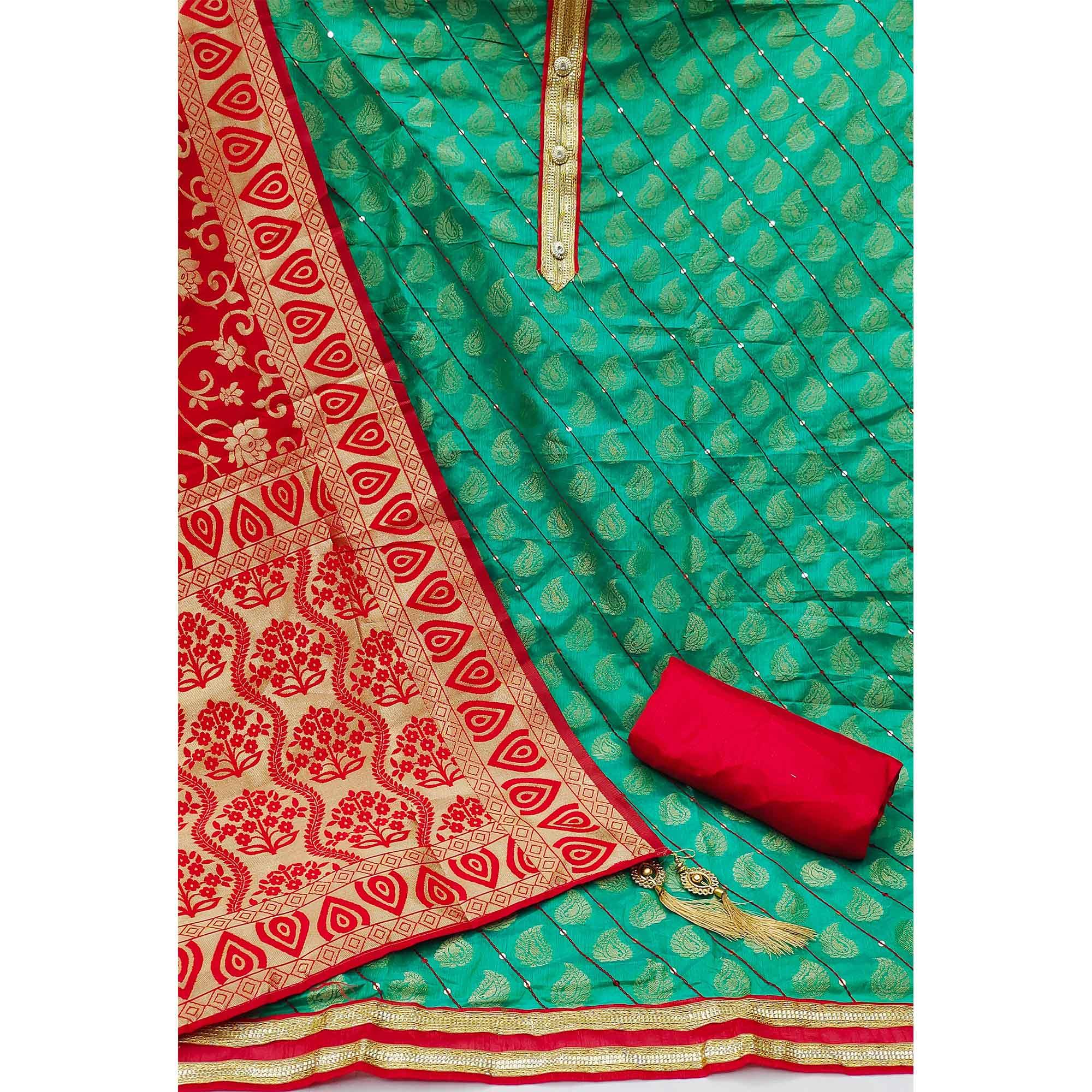 Sea Green Festive Wear Embroidered Chanderi Dress Material - Peachmode