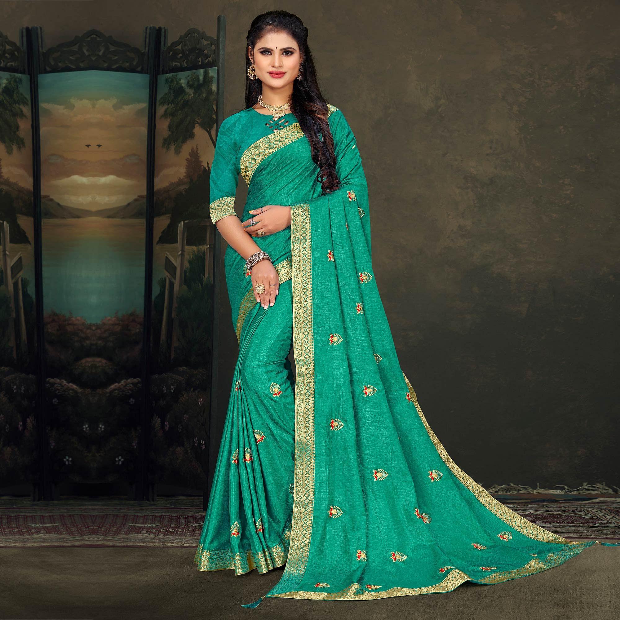 Sea Green Festive Wear Embroidered Vichitra Silk Saree - Peachmode