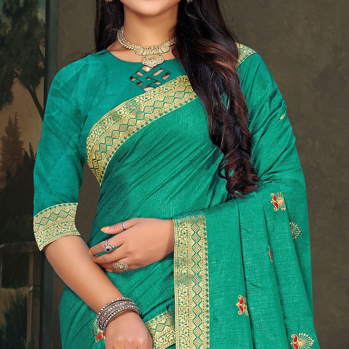 Sea Green Festive Wear Embroidered Vichitra Silk Saree - Peachmode