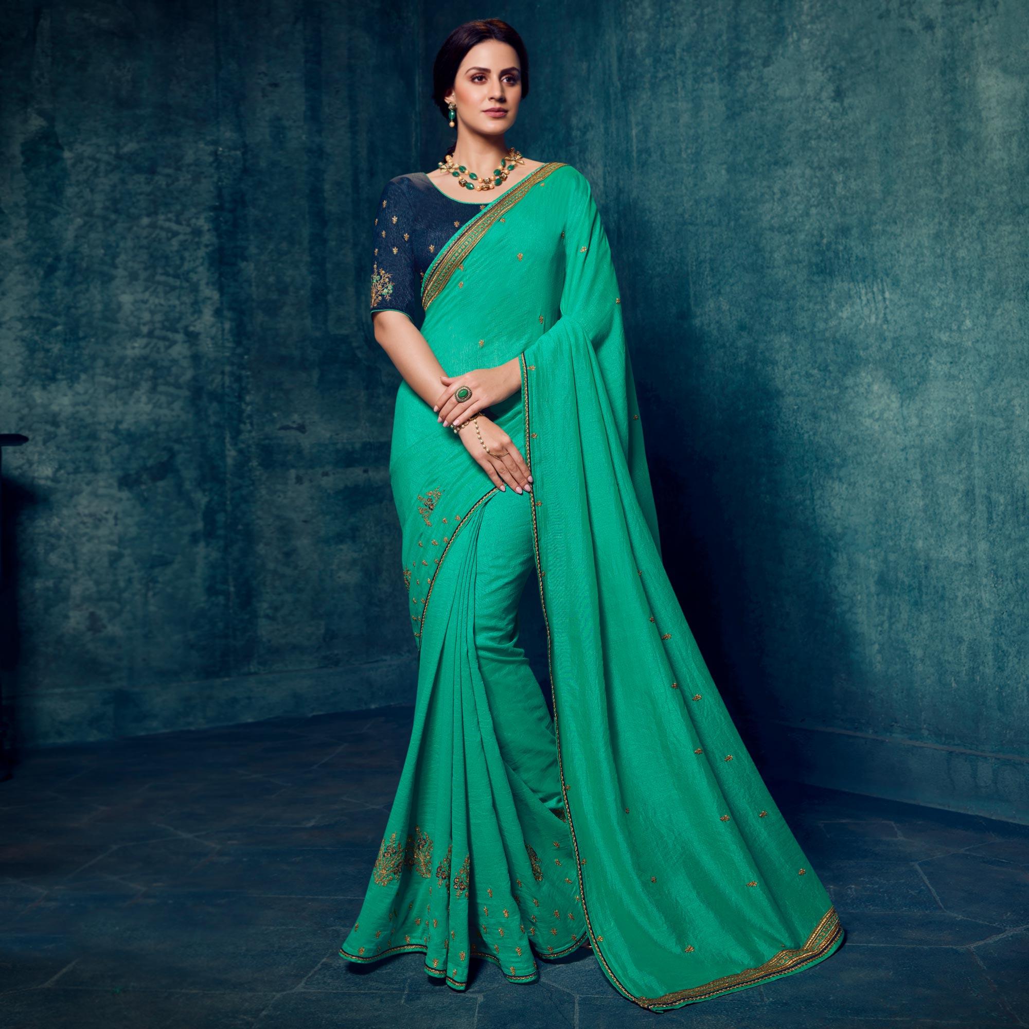 Sea Green Festive Wear Floral Embroidered Silk Saree - Peachmode