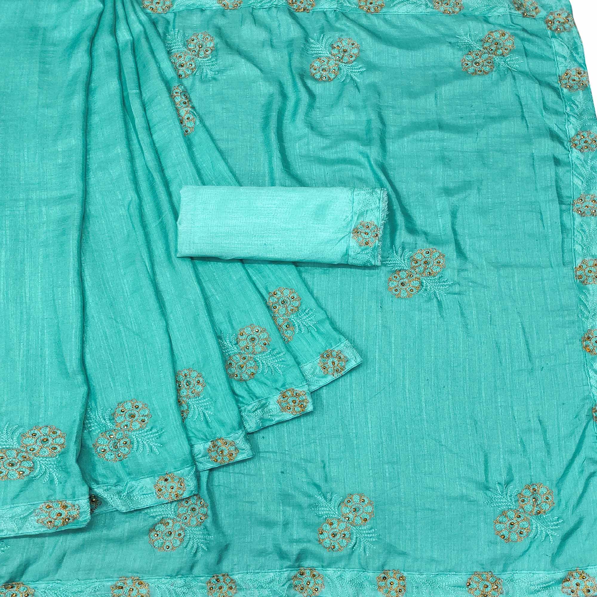 Sea Green Festive Wear Floral Embroidered Silk Saree - Peachmode