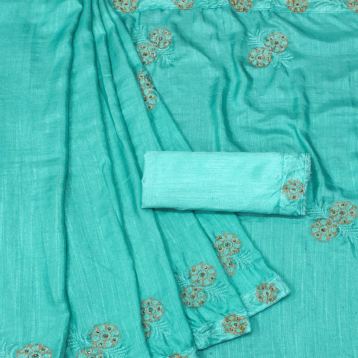 Sea Green Festive Wear Floral Embroidered Silk Saree - Peachmode