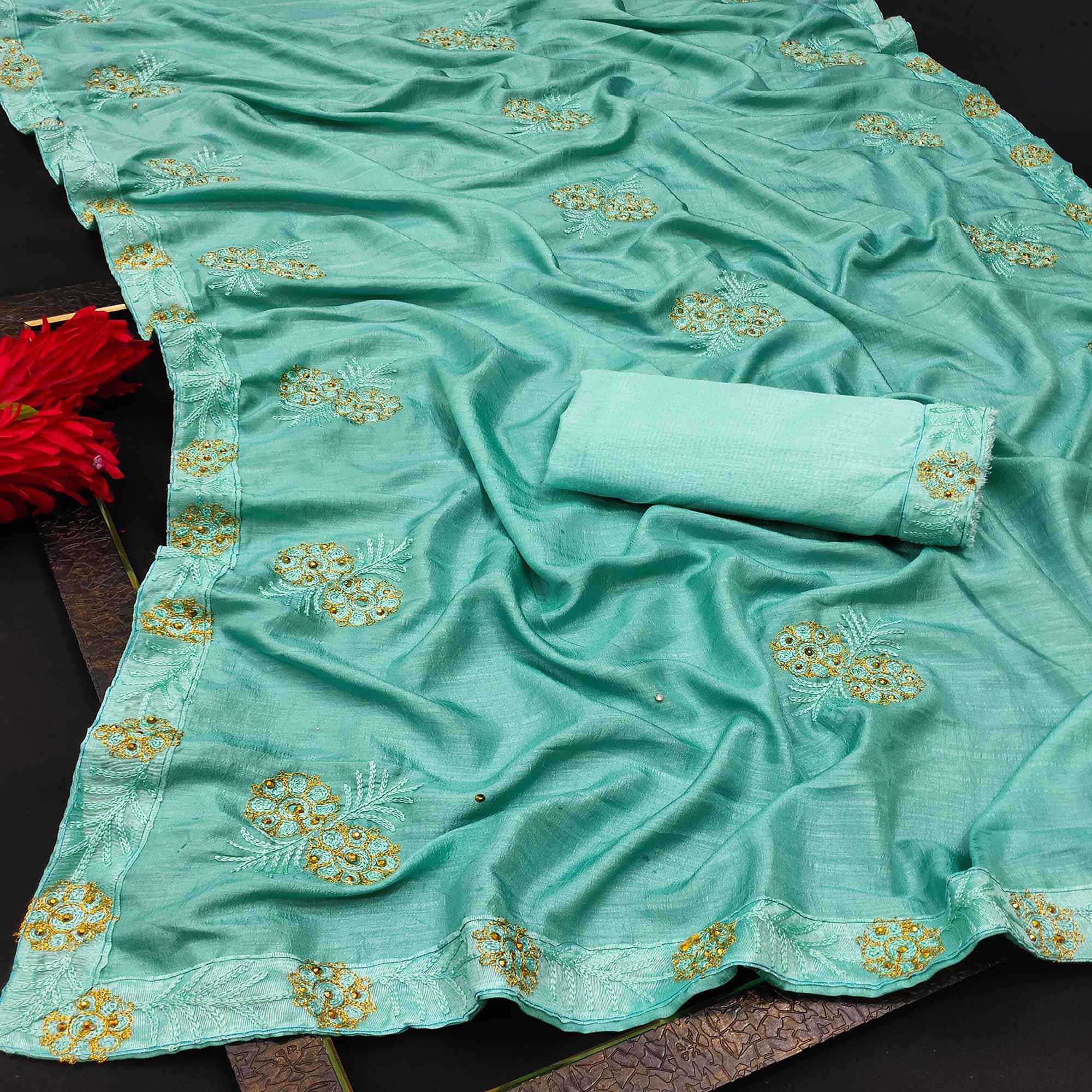 Sea Green Festive Wear Floral Embroidered Silk Saree - Peachmode