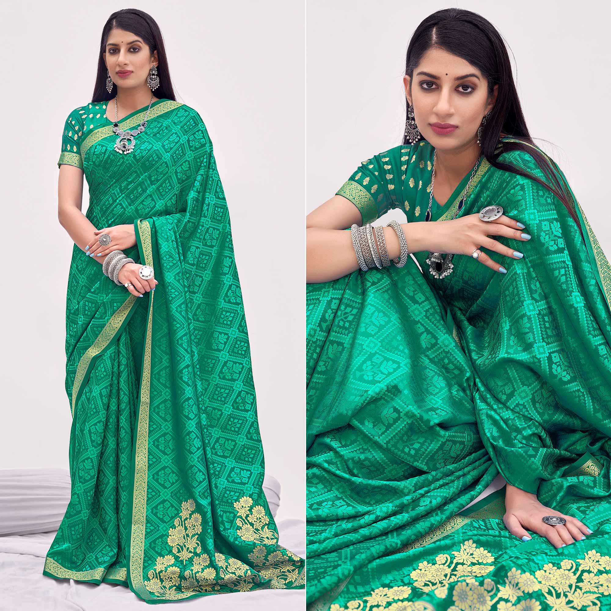 Sea Green Festive Wear Floral Woven Silk Saree - Peachmode