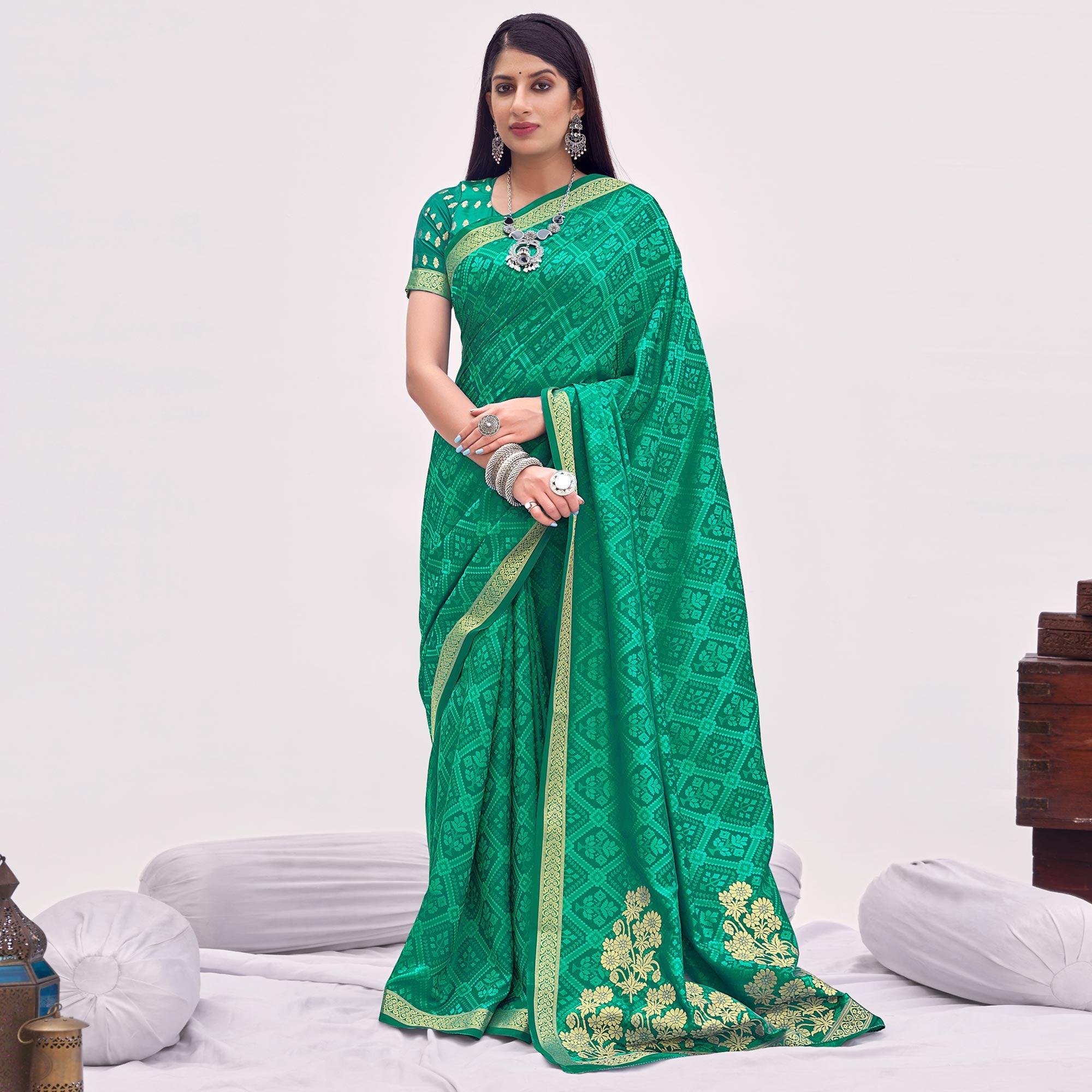Sea Green Festive Wear Floral Woven Silk Saree - Peachmode