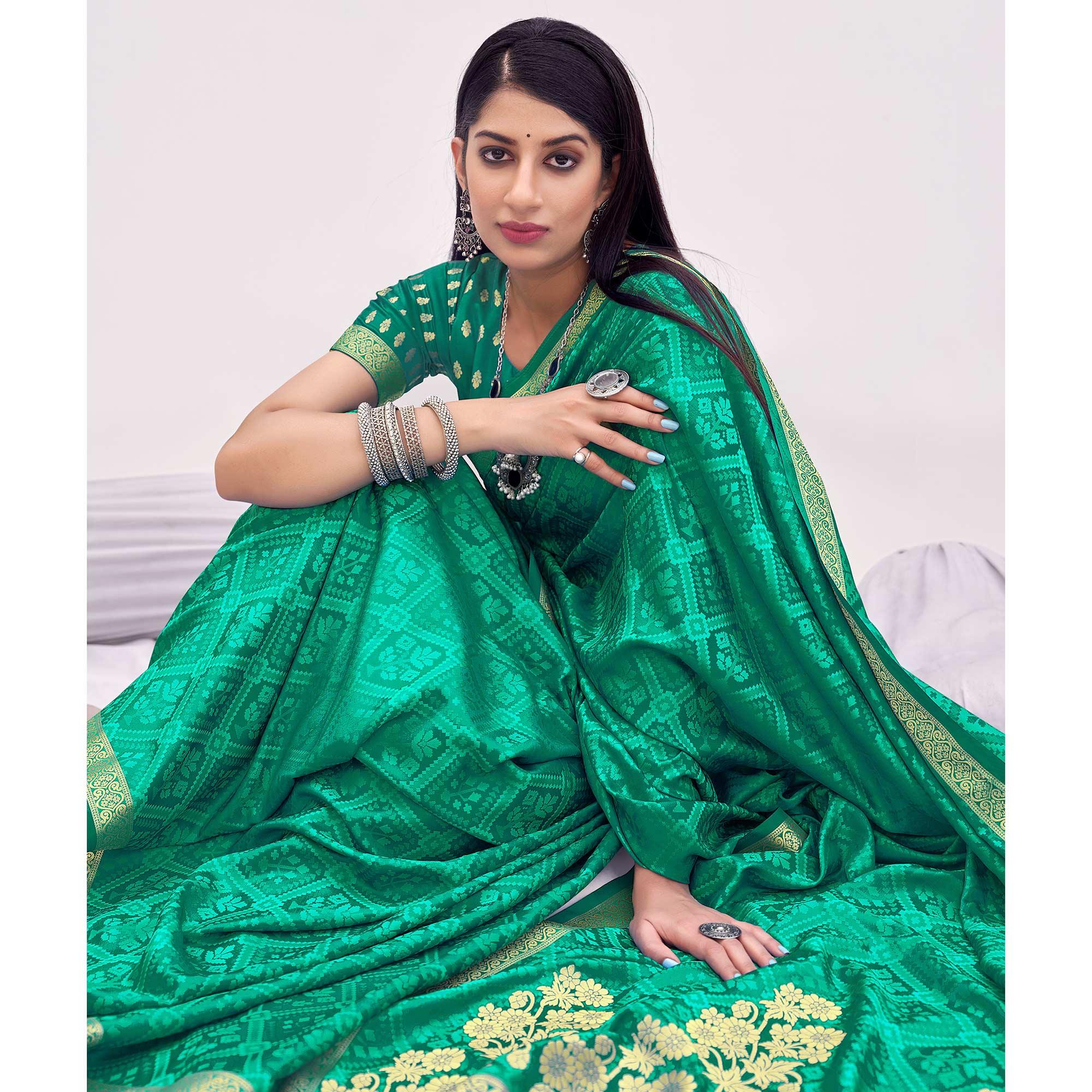 Sea Green Festive Wear Floral Woven Silk Saree - Peachmode