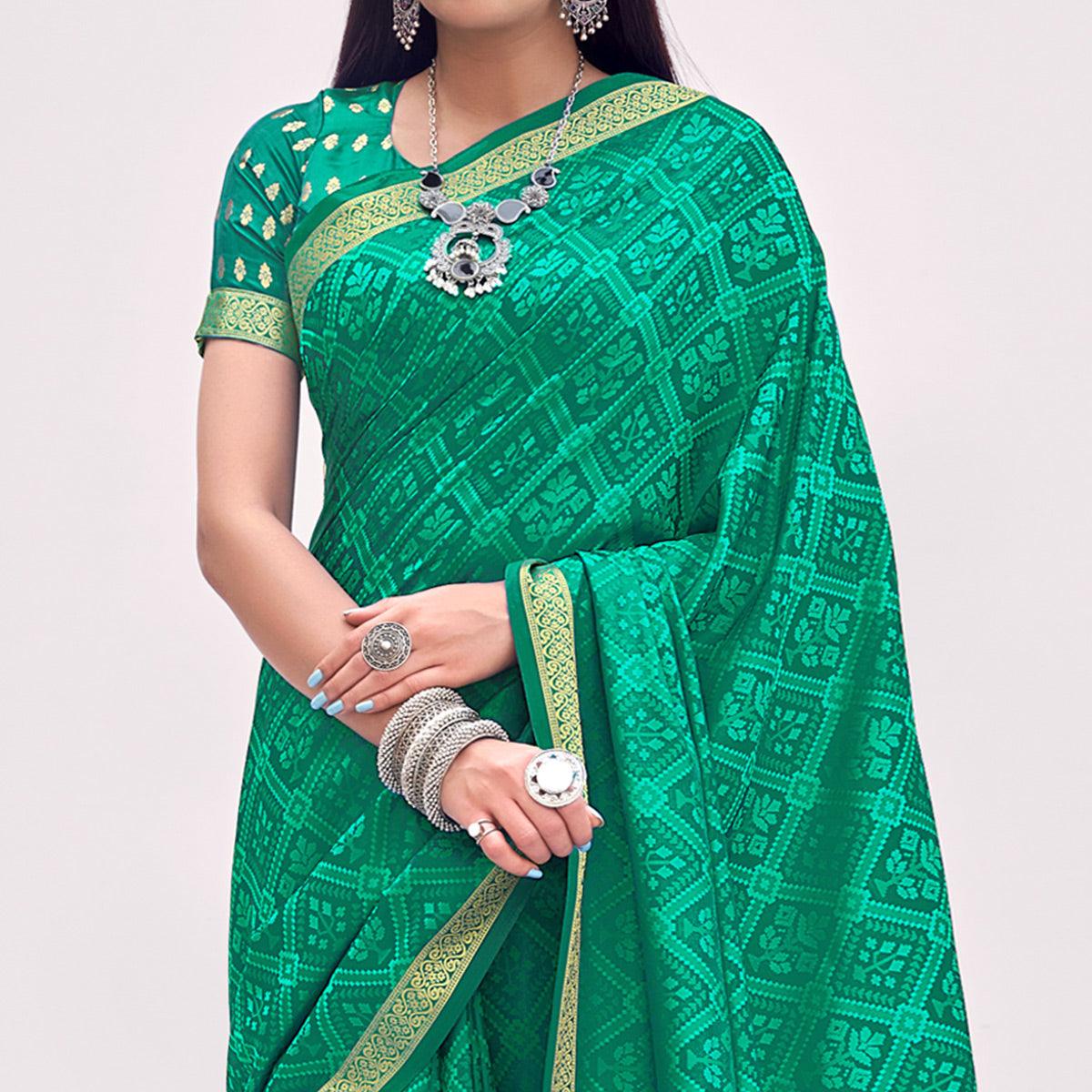 Sea Green Festive Wear Floral Woven Silk Saree - Peachmode