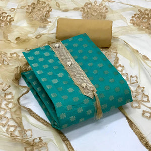 Sea Green Festive Wear Jacquard Banarasi Silk Dress Material - Peachmode