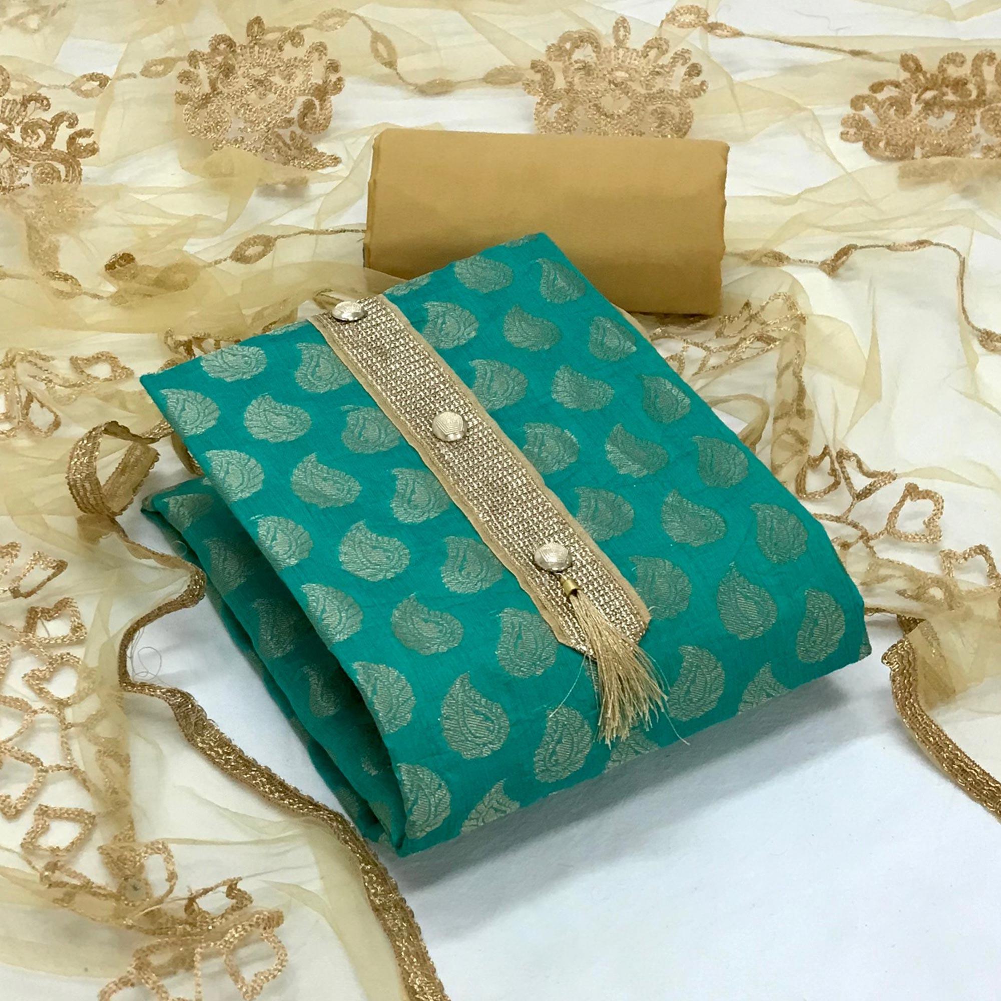 Sea Green Festive Wear Jacquard Banarasi Silk Dress Material - Peachmode