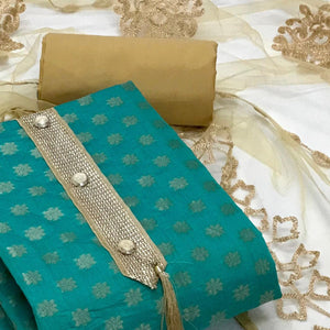 Sea Green Festive Wear Jacquard Banarasi Silk Dress Material - Peachmode
