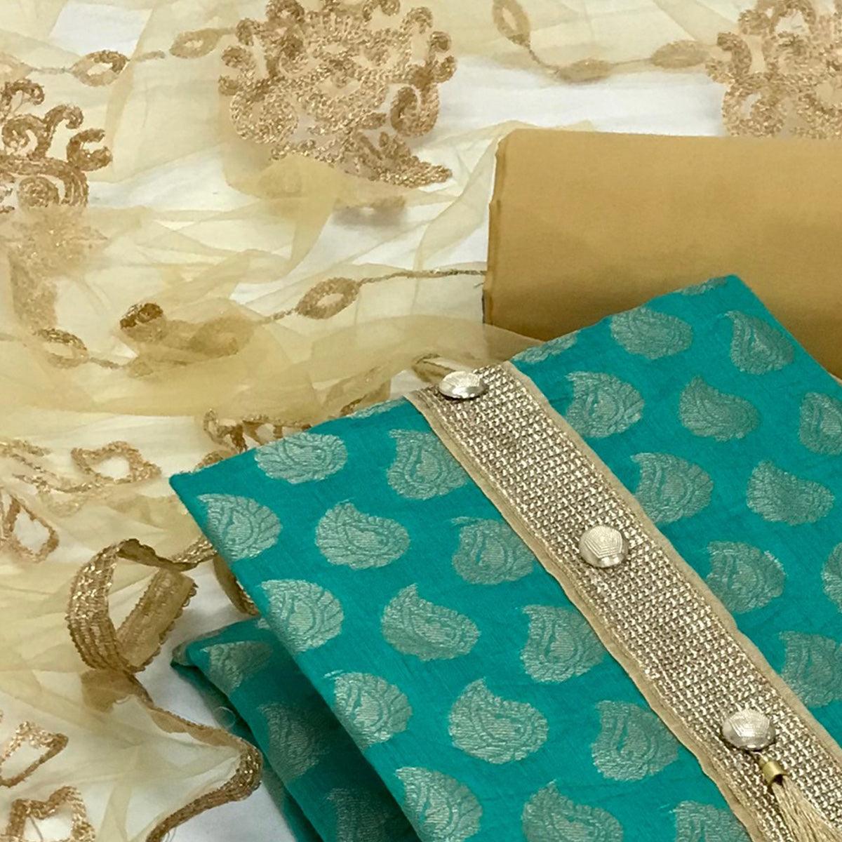 Sea Green Festive Wear Jacquard Banarasi Silk Dress Material - Peachmode