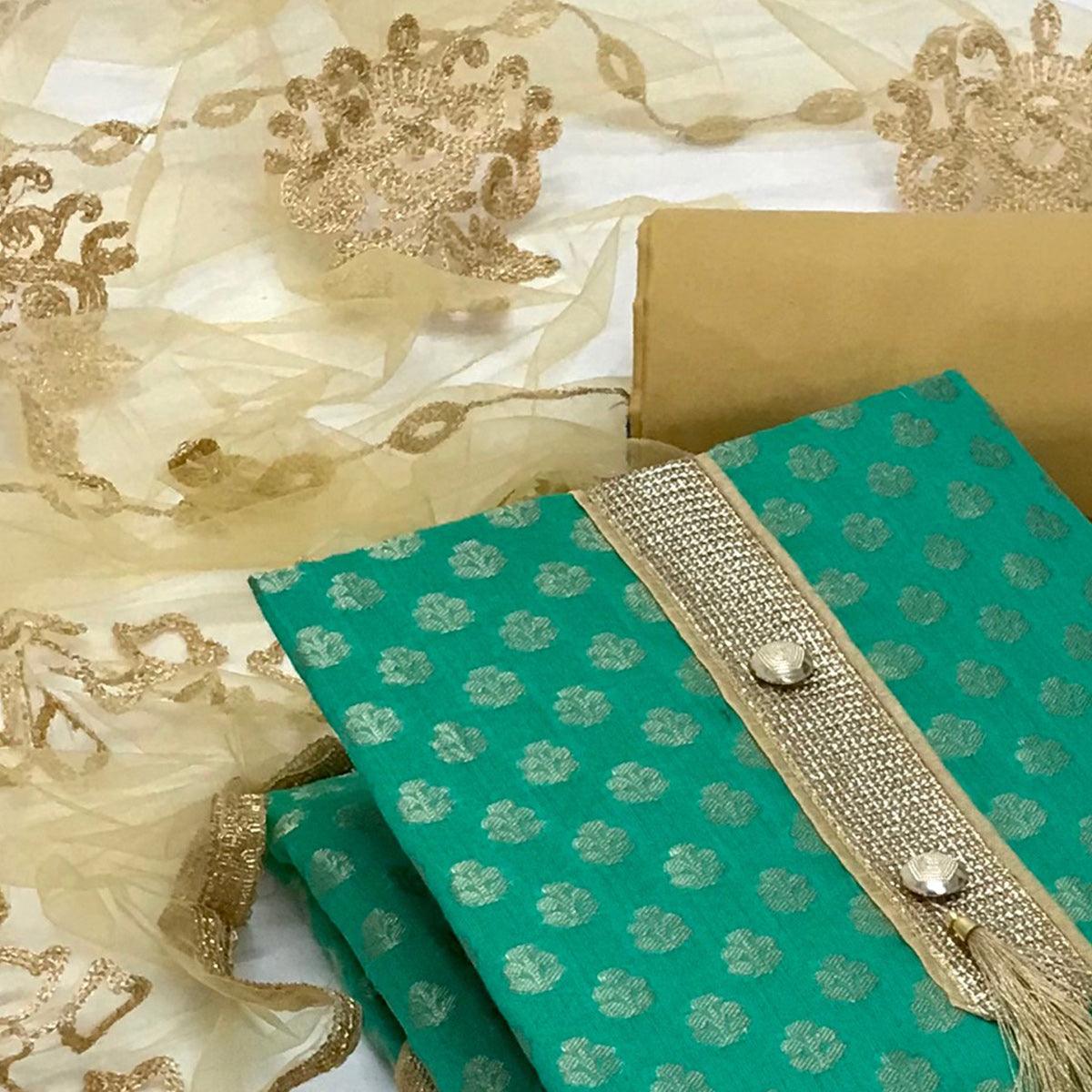 Sea Green Festive Wear Jacquard Banarasi Silk Dress Material - Peachmode