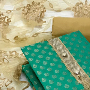 Sea Green Festive Wear Jacquard Banarasi Silk Dress Material - Peachmode