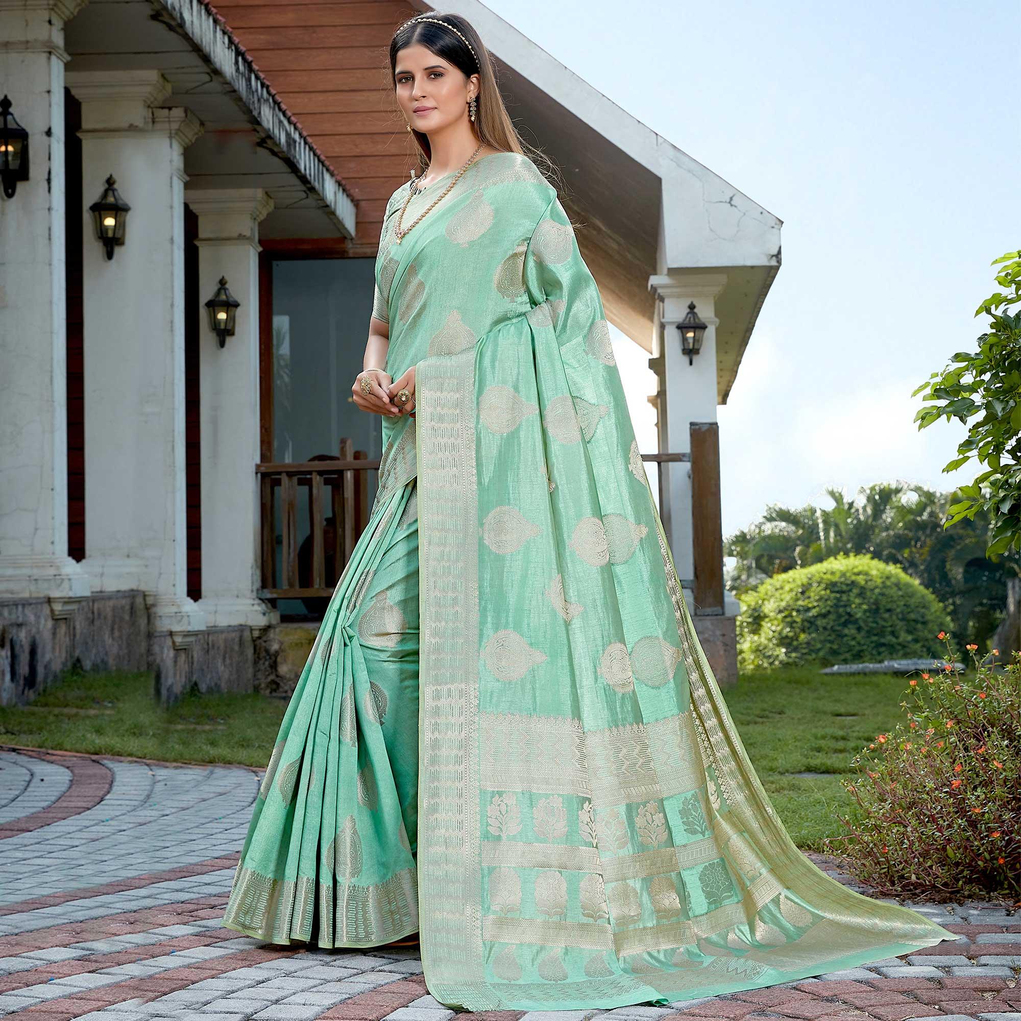 Sea Green Festive Wear Jari Woven Art Silk Saree - Peachmode
