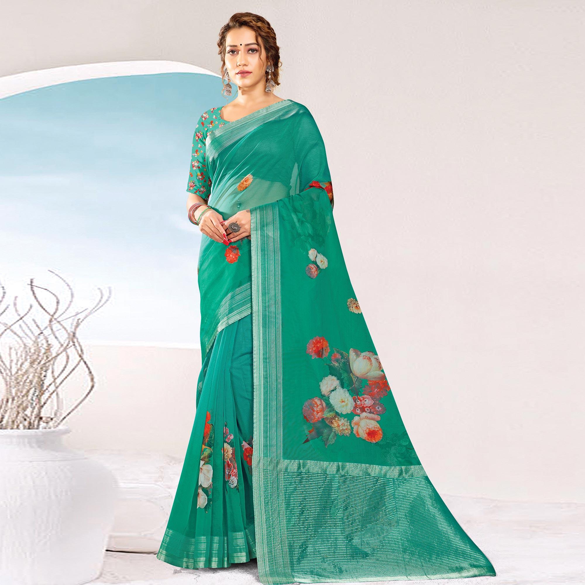 Sea Green Festive Wear Printed & Woven Organza Saree - Peachmode