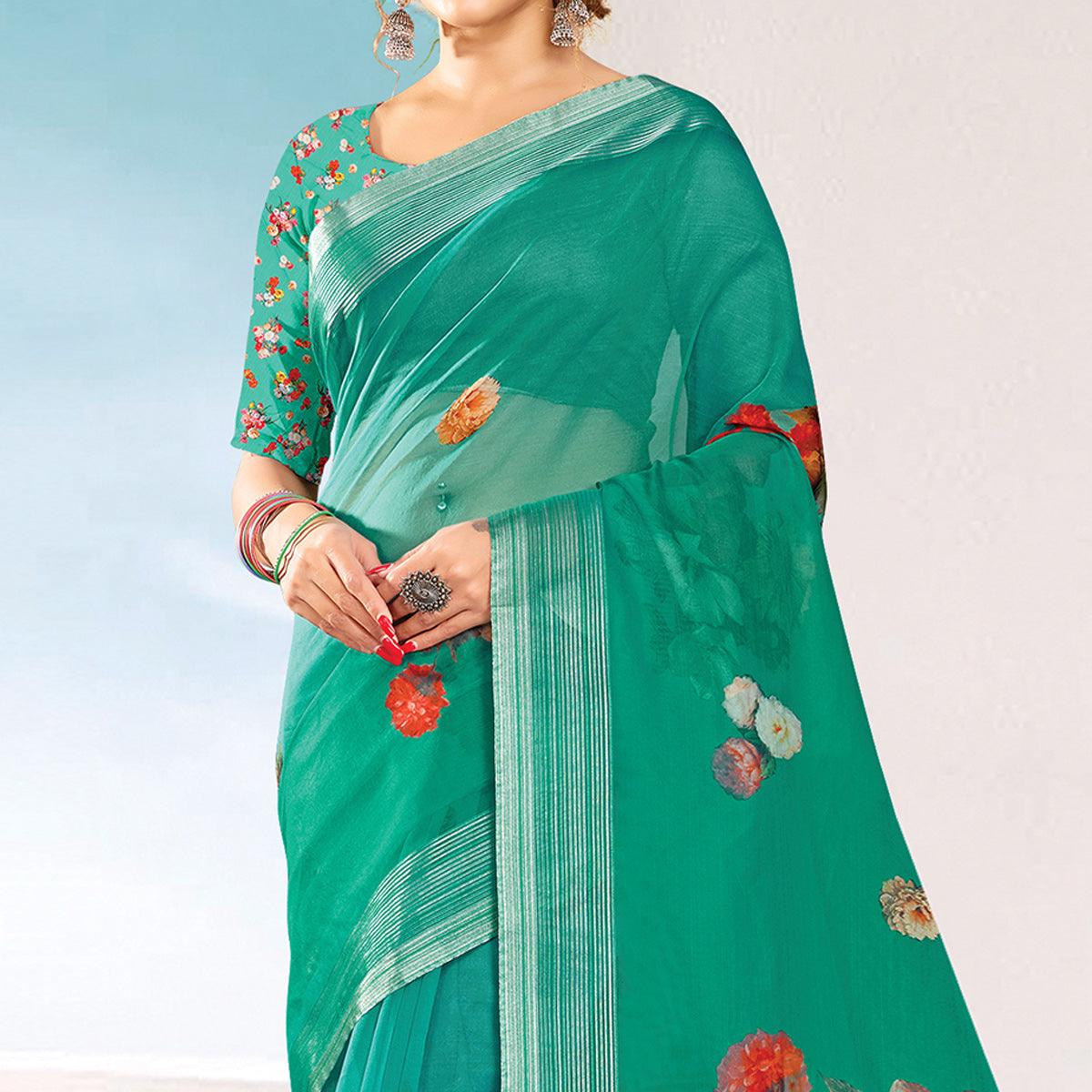 Sea Green Festive Wear Printed & Woven Organza Saree - Peachmode
