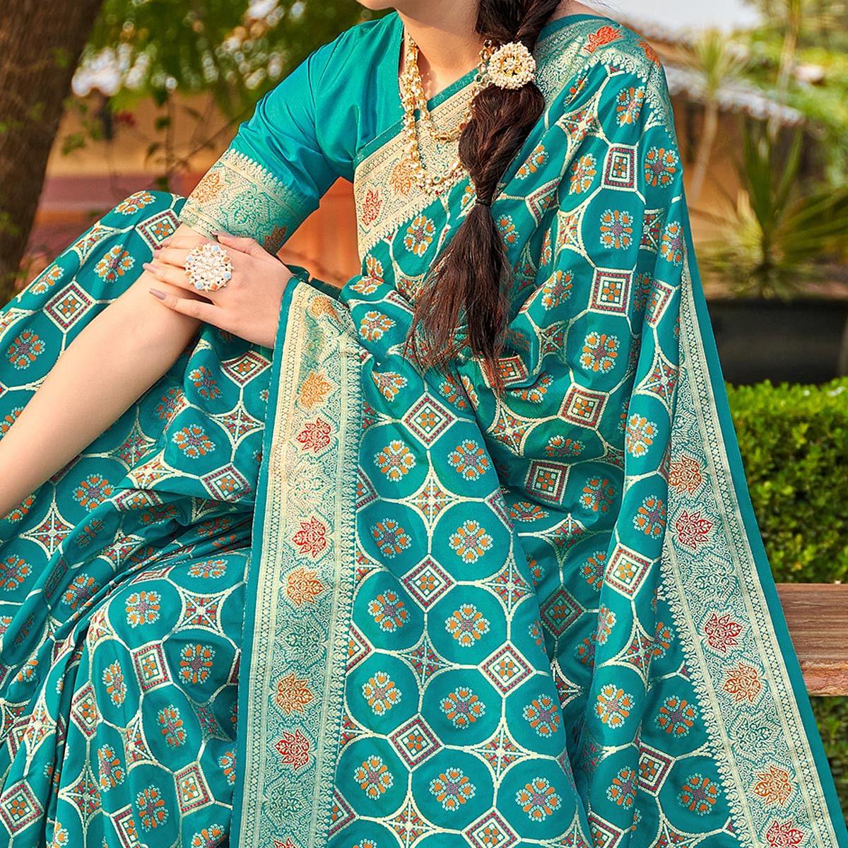 Sea Green Festive Wear Printed Banarasi Soft Silk Saree - Peachmode