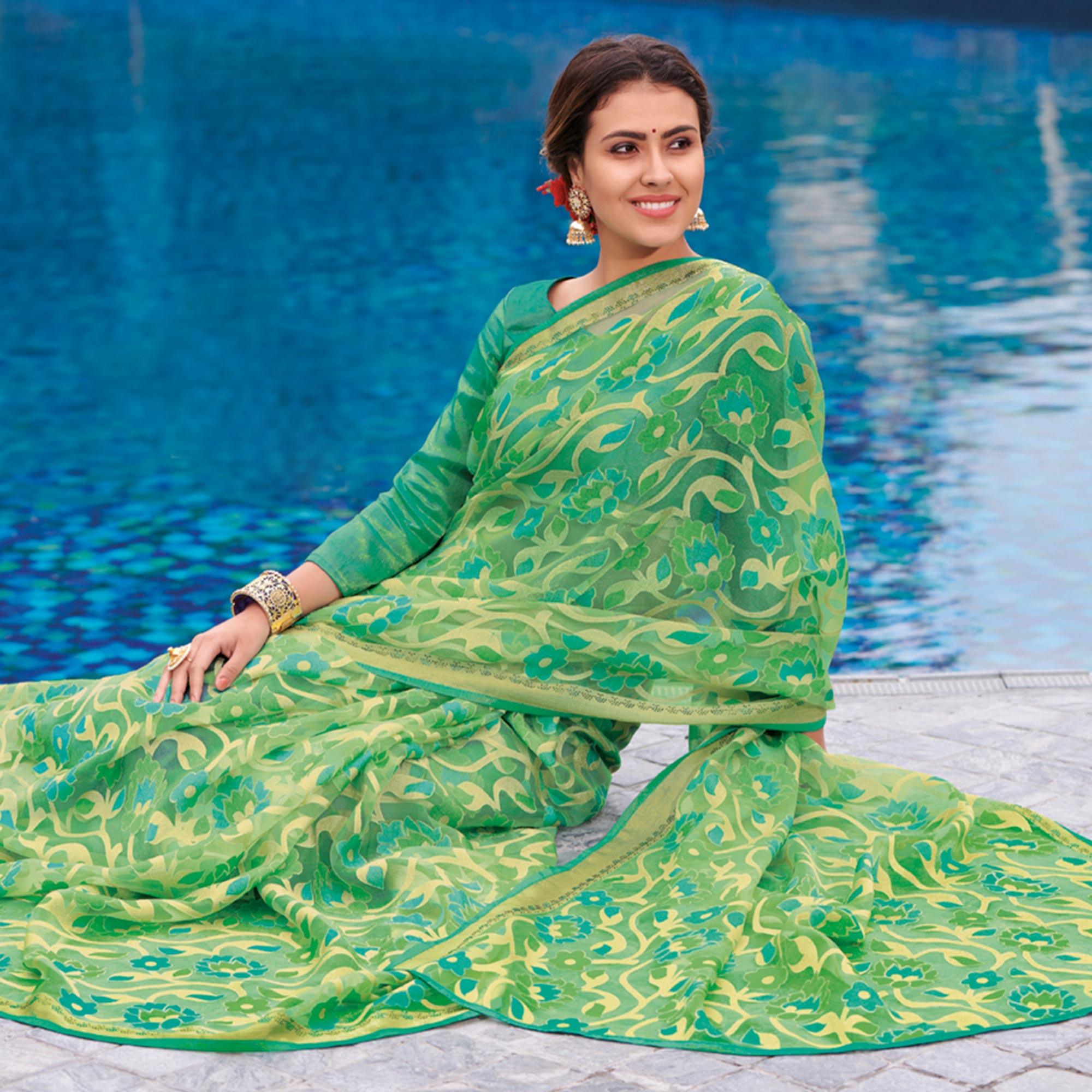 Sea Green Festive Wear Printed Brasso Saree - Peachmode