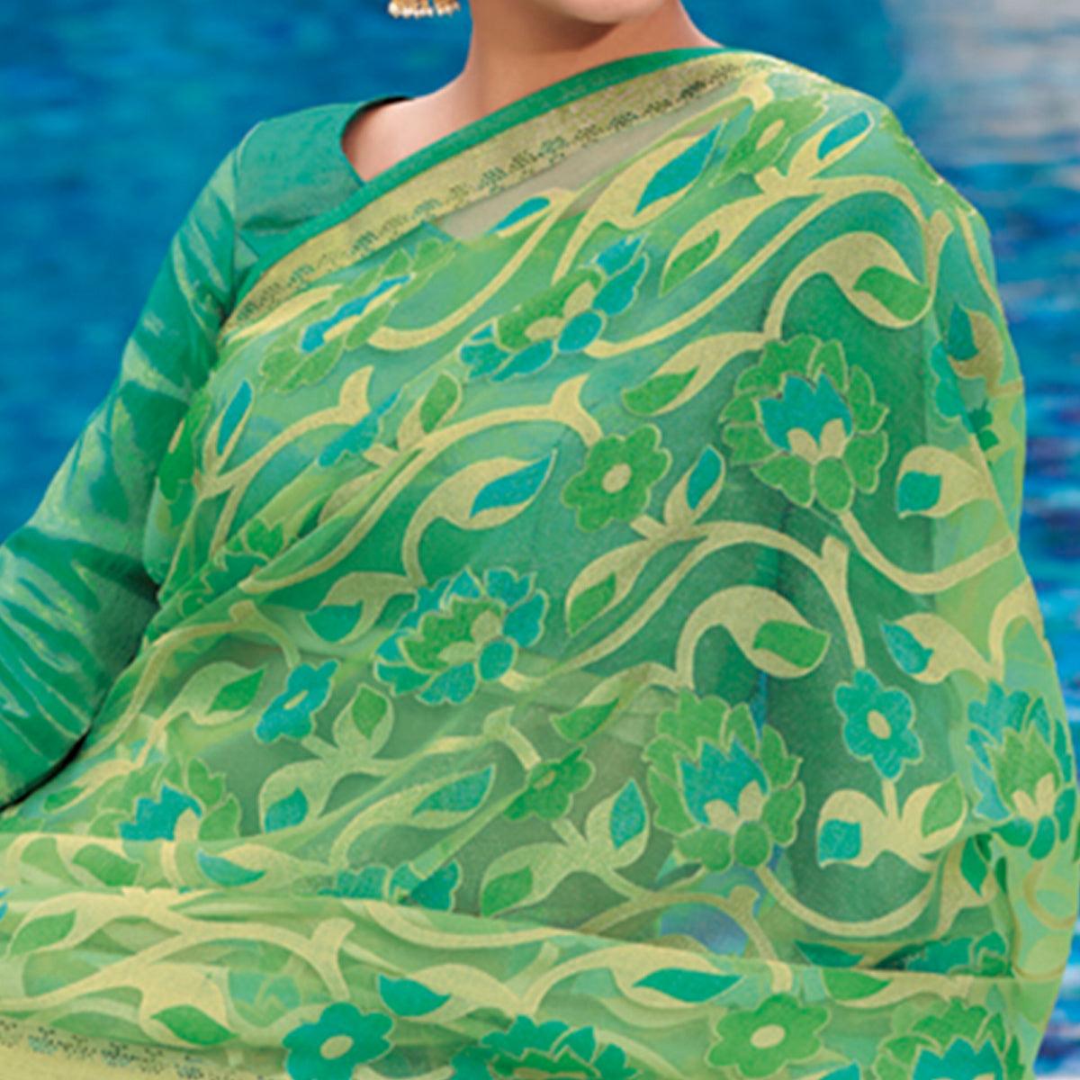 Sea Green Festive Wear Printed Brasso Saree - Peachmode