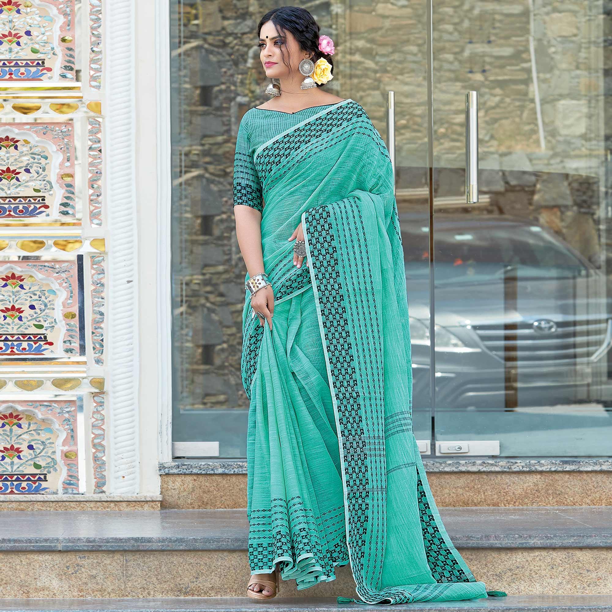 Sea Green Festive Wear Printed Linen Saree - Peachmode