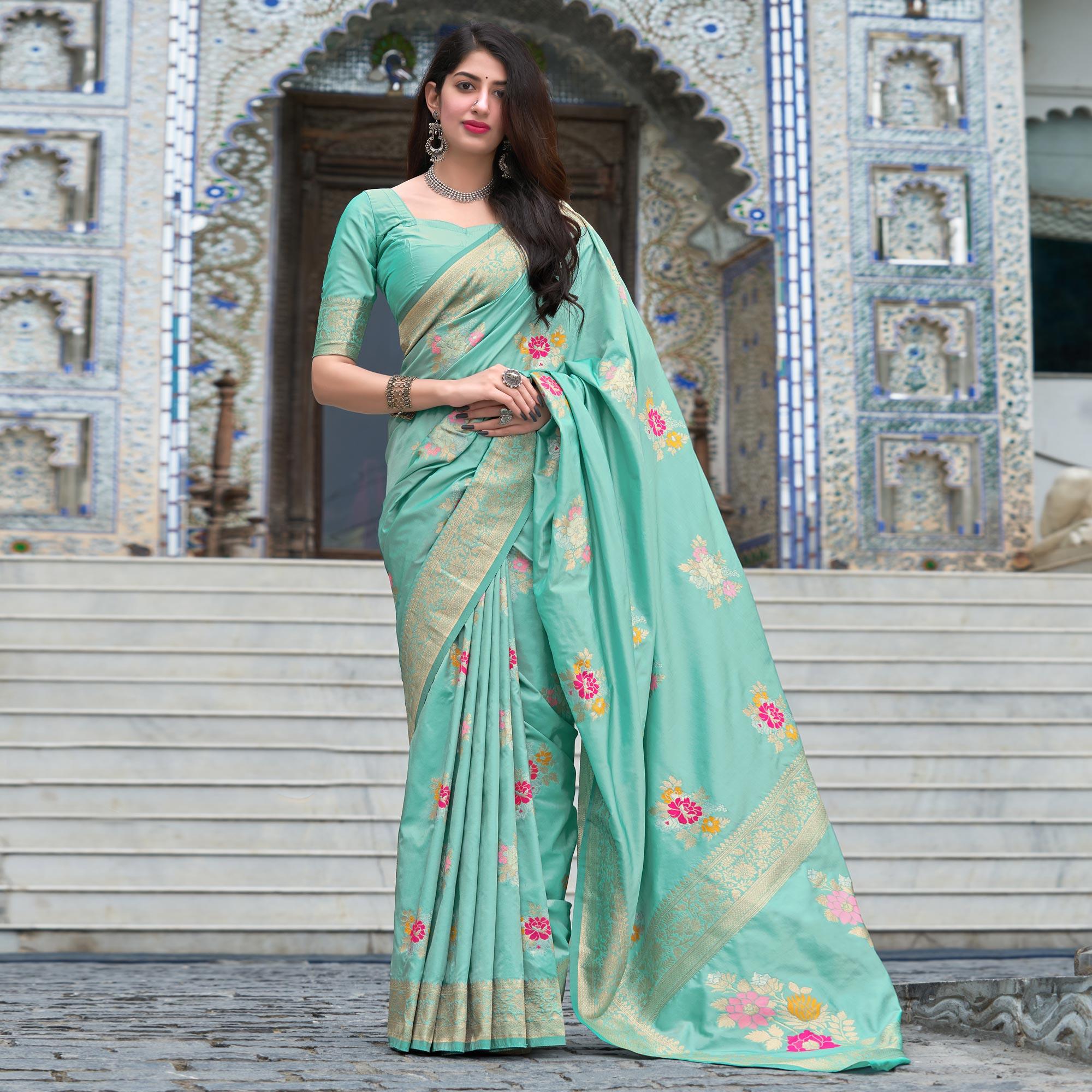 Sea Green Festive Wear Printed Silk Saree - Peachmode