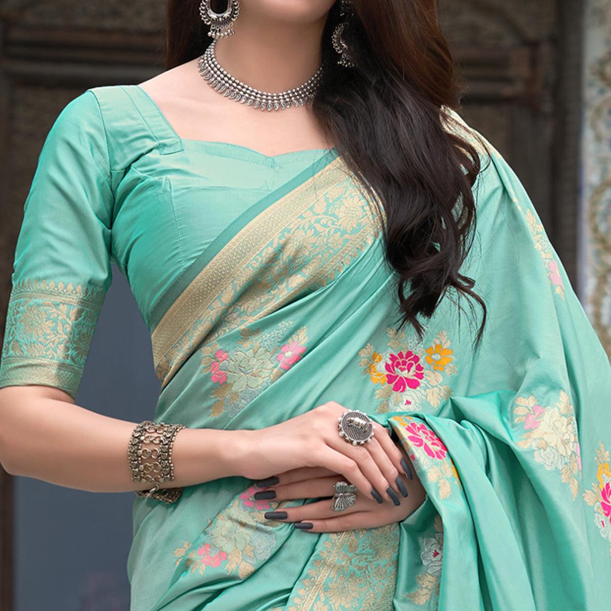 Sea Green Festive Wear Printed Silk Saree - Peachmode