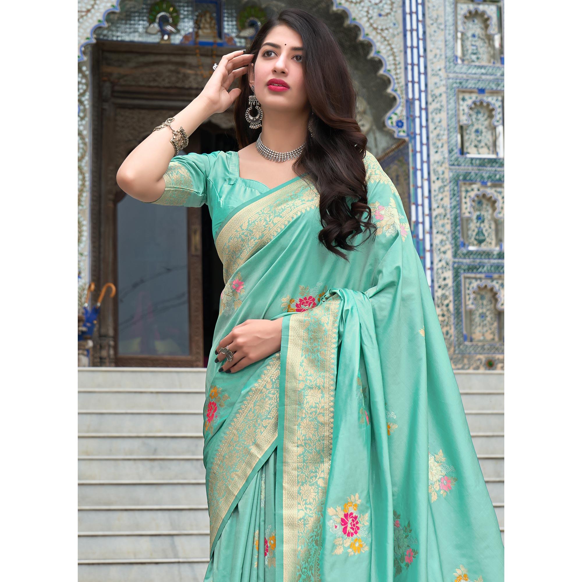 Sea Green Festive Wear Printed Silk Saree - Peachmode