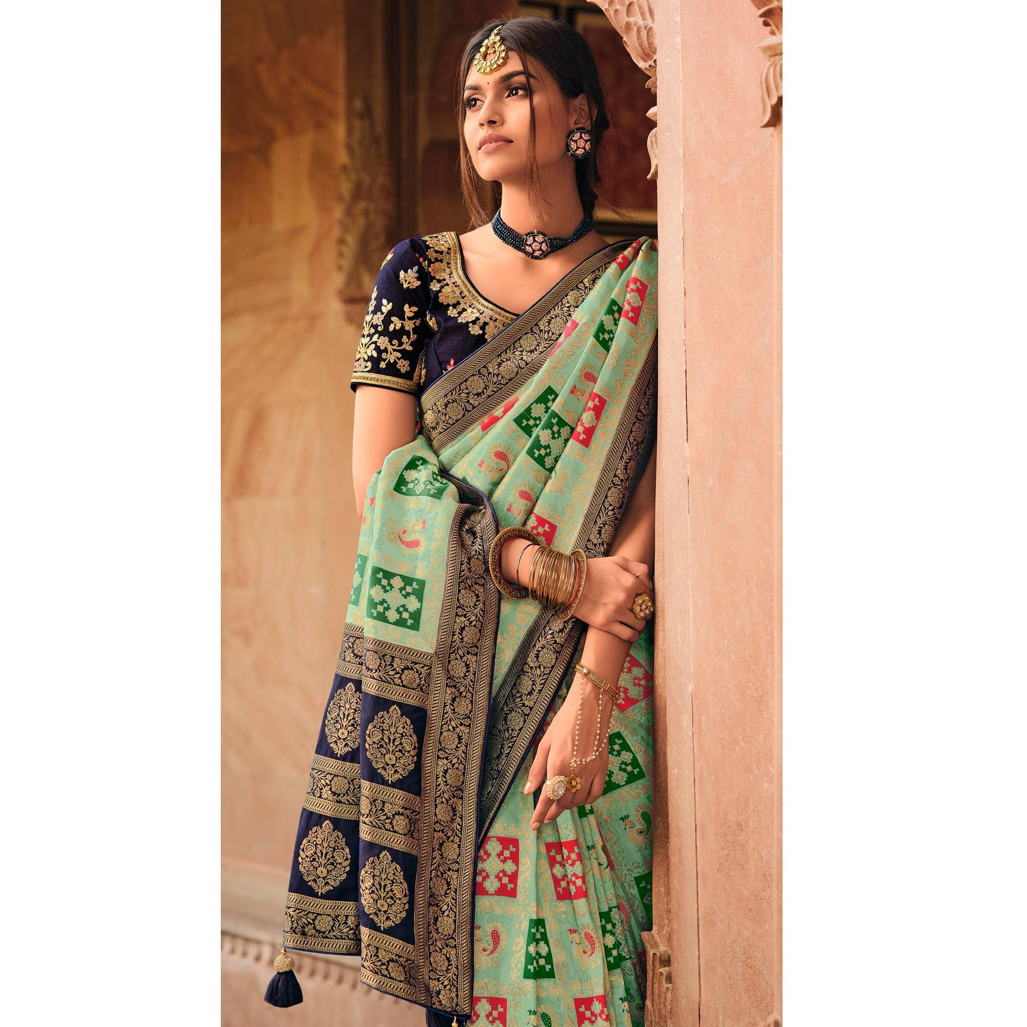 Sea Green Festive Wear Printed Woven Silk Saree - Peachmode