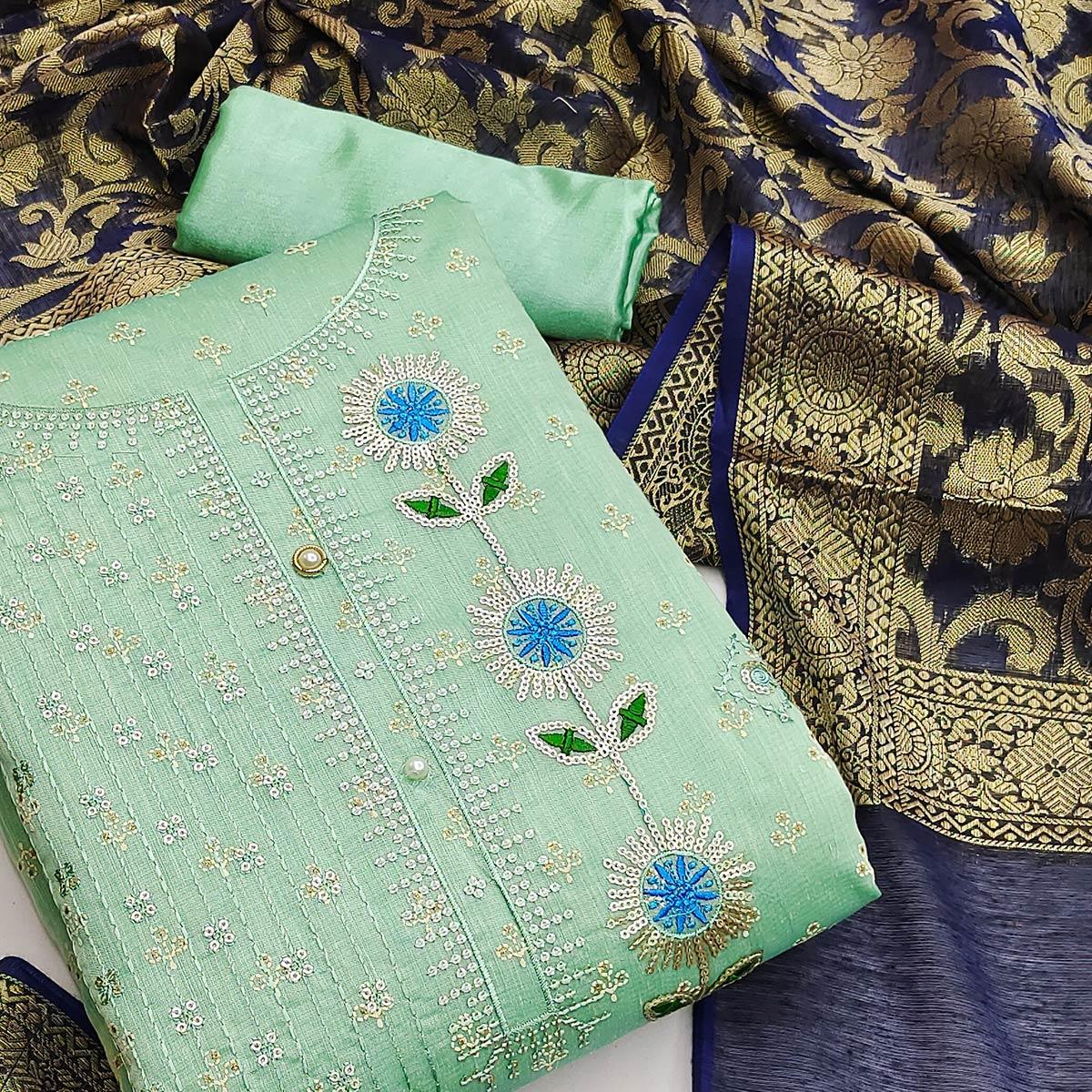 Sea Green Festive Wear Sequence Embroidered Chanderi Dress Material - Peachmode