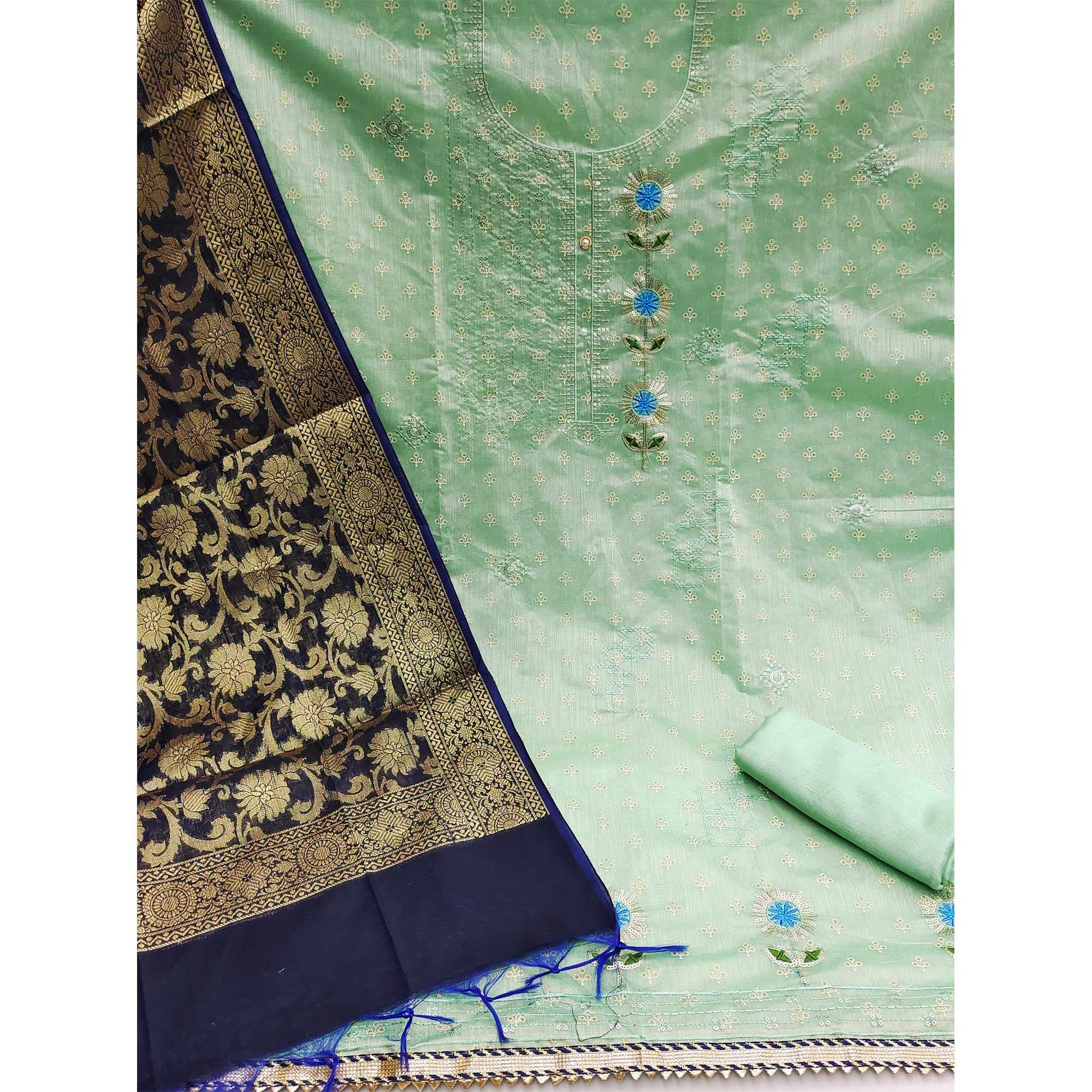 Sea Green Festive Wear Sequence Embroidered Chanderi Dress Material - Peachmode