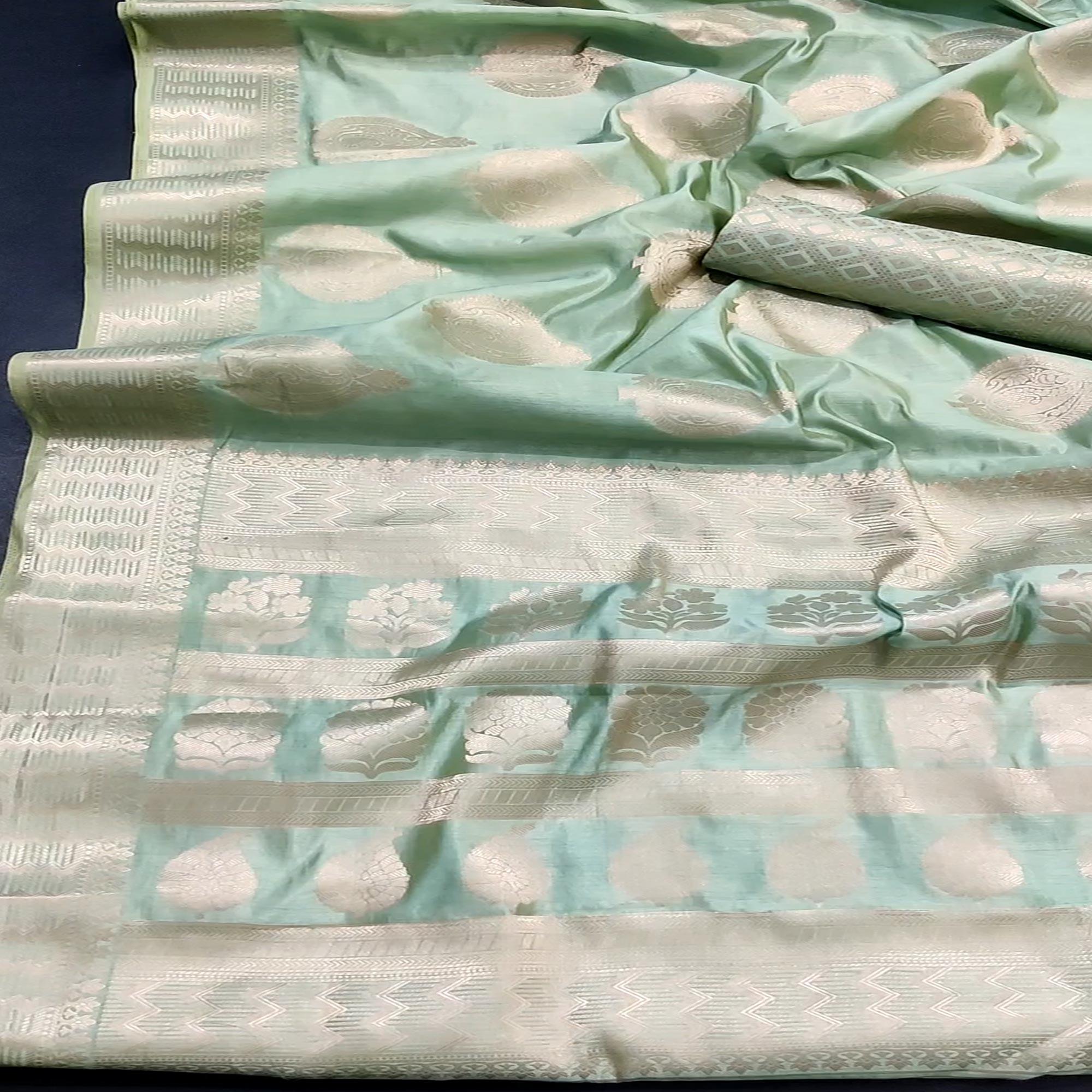 Sea Green Festive Wear Soft Jari Woven Art Silk Saree - Peachmode