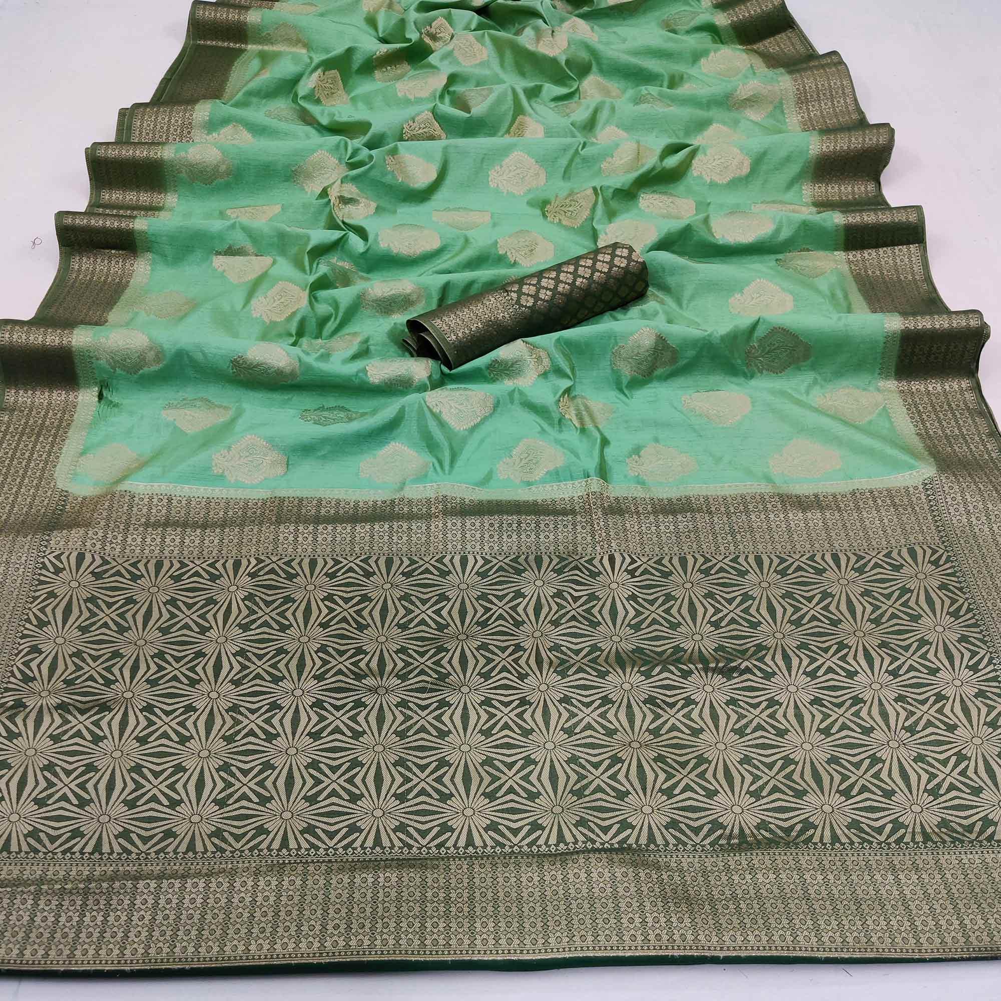 Sea Green Festive Wear Woven Art Silk Double Dying Sarees With Zari Border - Peachmode