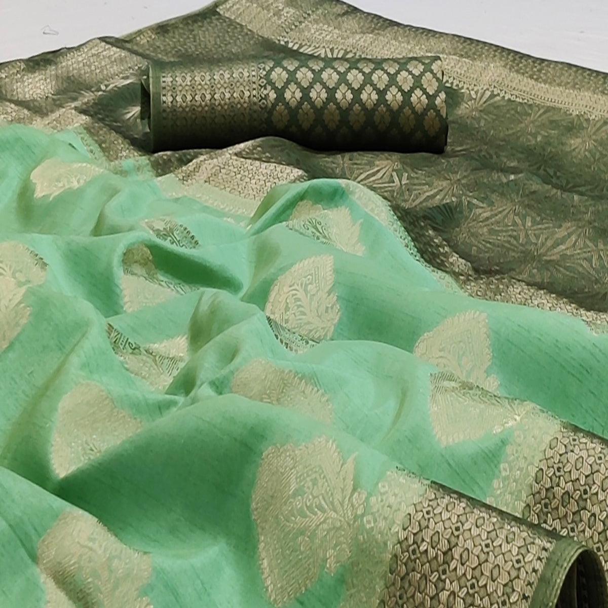 Sea Green Festive Wear Woven Art Silk Double Dying Sarees With Zari Border - Peachmode
